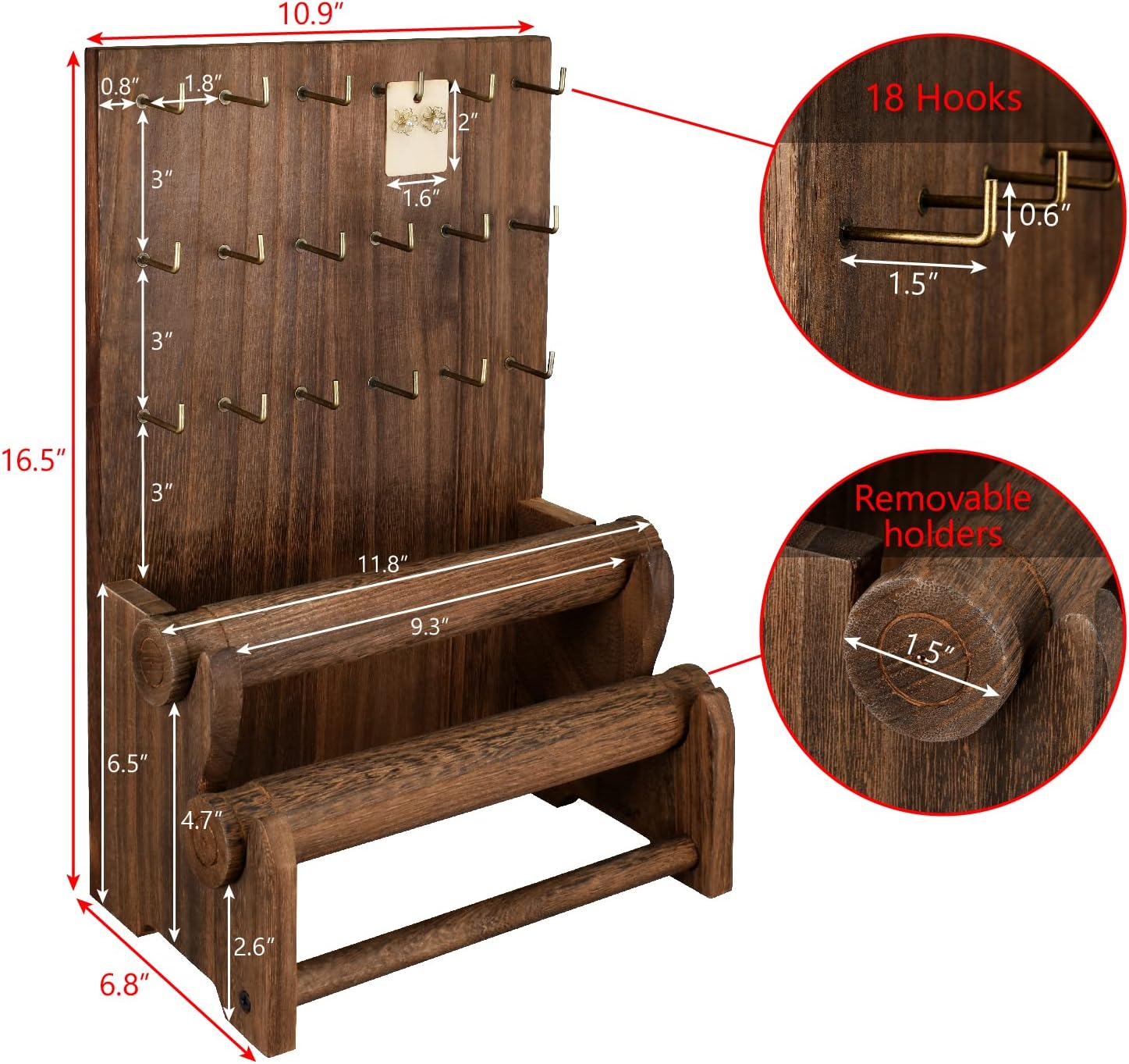 Ikee Design 18 Hooks and 2 Removable Bars Wood Jewelry Holder Organizer Stand, Earring Bracelet Jewelry Display Stand Organizer, Necklace Bracelet Holder, Brown Color