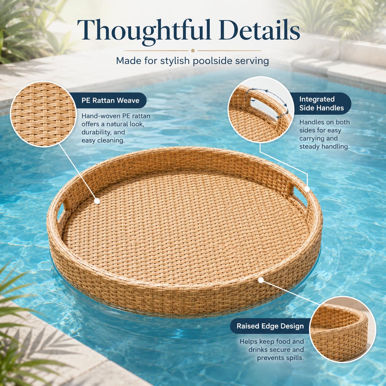 Vassoio Galleggiante Piscina, Tavolino in Rattan per Aperitivo | Vassoio galleggiante in rattan per drink e snack. Perfetto per feste in piscina e spa(Coffee,23.6"x23.6"x7.9")