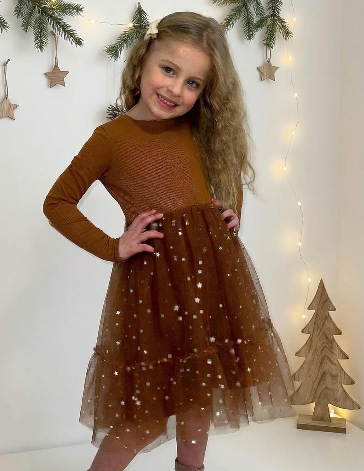 Arshiner Toddler Girl Tutu Dress Fall Winter Long Sleeve Star Sequin Holiday Party Tulle Dresses 2-6Y - Image 2