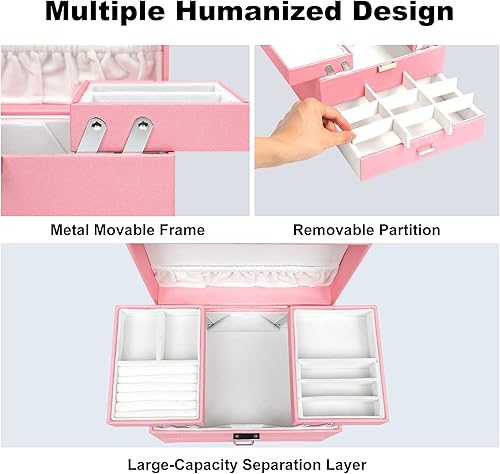 Miniatura 3 de Dajasan Cajas de joyería para niñas y mujeres caja organizadora de joyas de 3 capas de cuero grande para aretes anillos collares pulseras