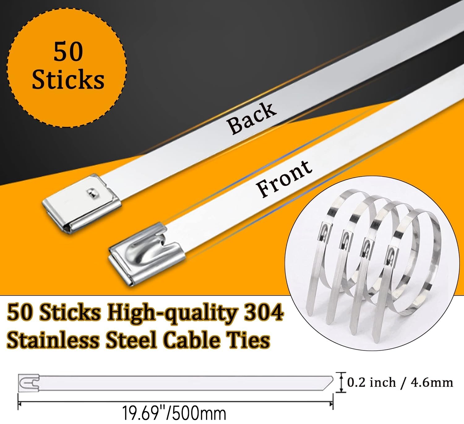 Stainless Steel Cable Ties, Deecam 50 Pcs 4.6×500mm Metal Cable Tie, 304 Stainless Zip Ties with Steel Ball Stopper - Image 2