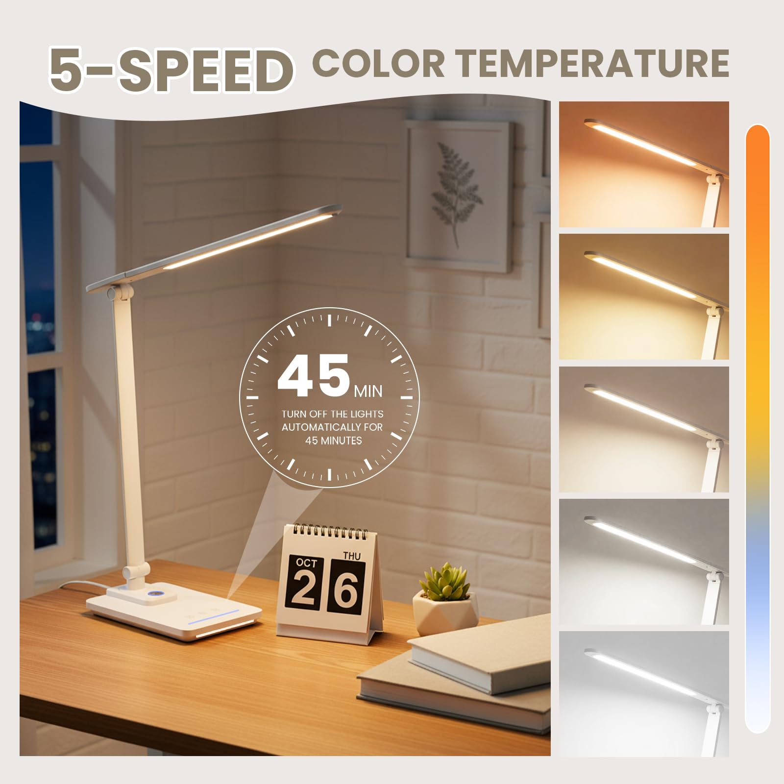 TECHNOVA LED-Schreibtischlampe mit 5 Farbtemperaturen, stufenloses Dimmen und One-Touch-Timer, faltbares und tragbares Design für Büro/Studium/Nagelkunst, USB-Aufladung und Vier-Achsen-Rotation für