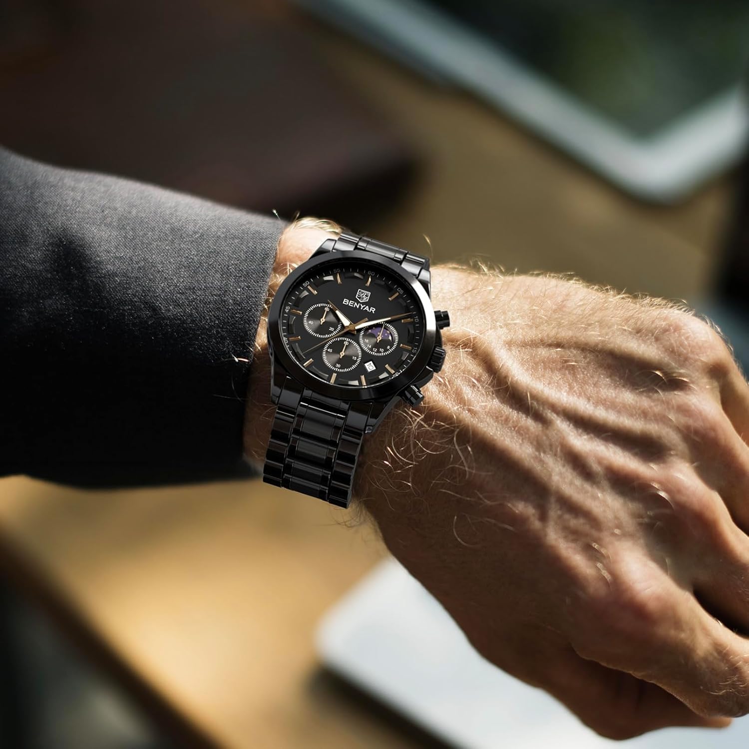BENYAR Mens Watch Analog Quartz Movement Chronograph Stylish Casual Wristwatch with Stainless Steel Bracelets Waterproof Luminous Date Watches Elegant Gift for Men