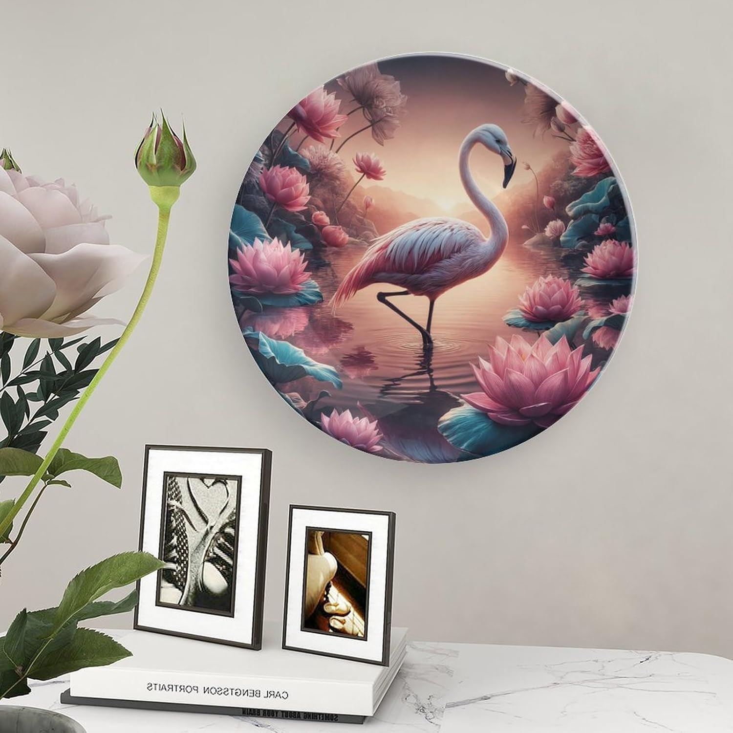 Beautiful Flamingo Standing in The Water Decorative Plates for Home Party, Fantasy Pink Lotus Decor Tray for Table Display, Ceramic Dinner Plate W/Stand, Summer Party Supplies, 8 Inch