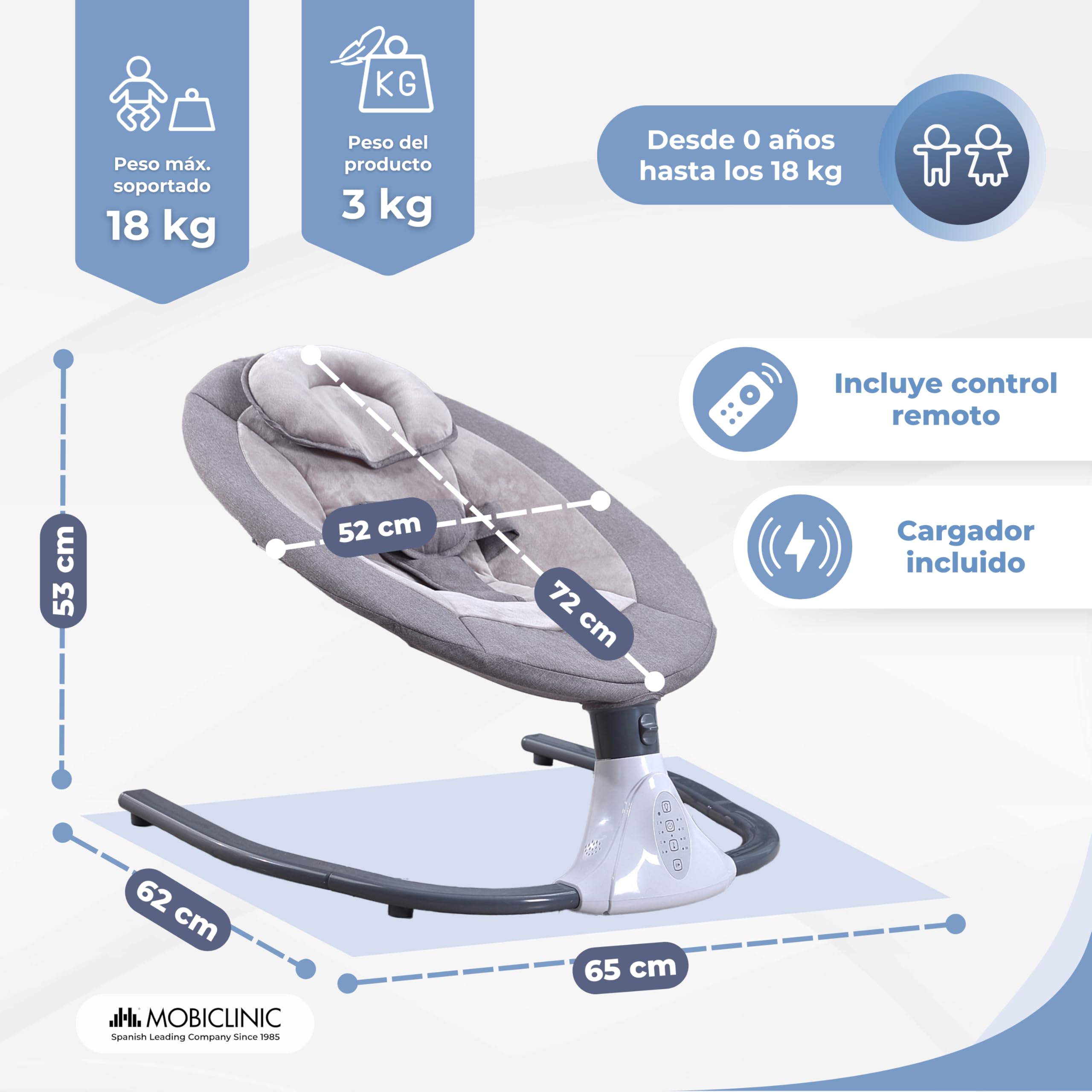 Mobiclinic® kids, Hamaca mecedora, Tuktuk, 4 velocidades ajustables, 0 meses a 18 kg, Arnés de 3 puntos, Mando distancia, 12 canciones incorporadas, Juguetes, Mosquitera, Bluetooth y usb