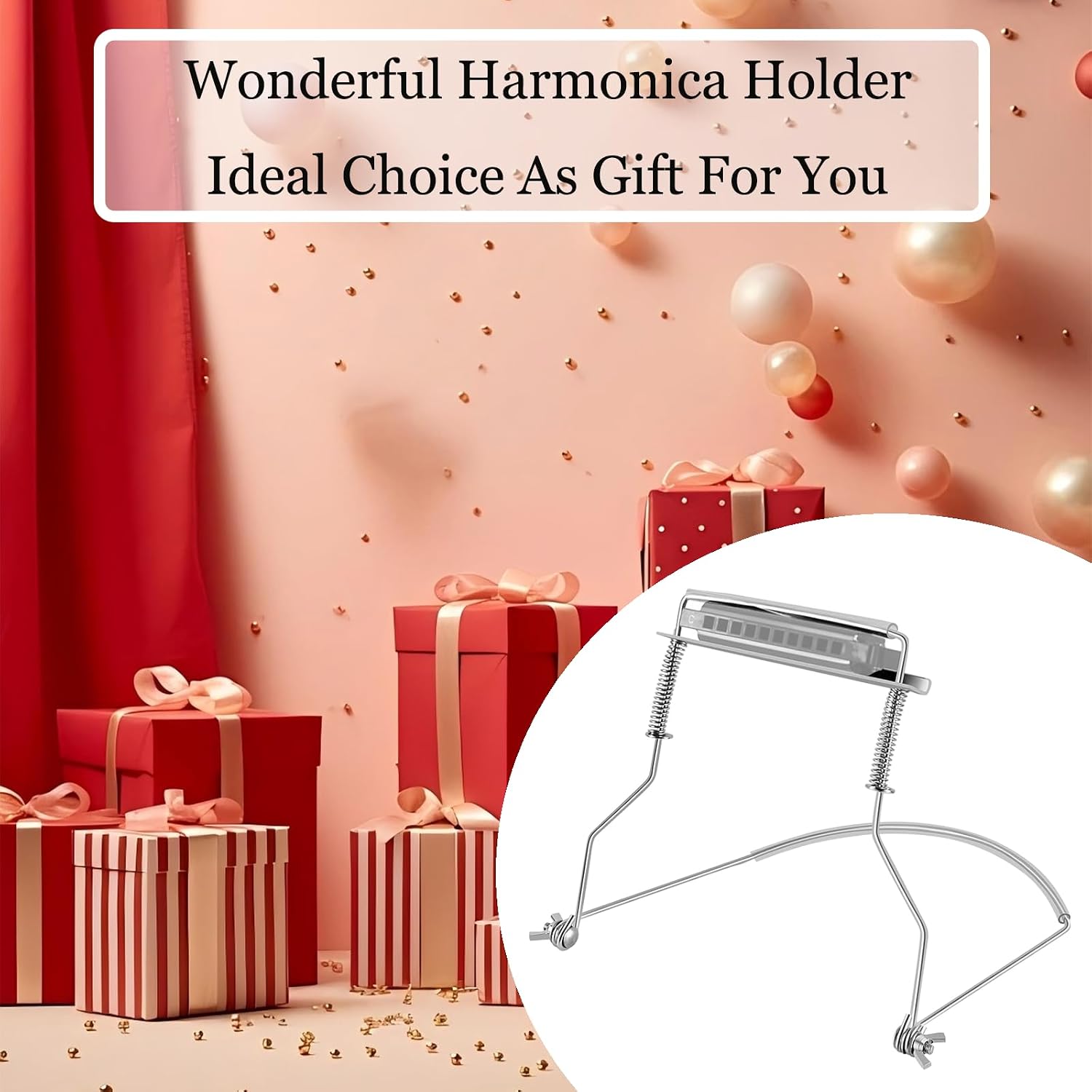 MOONBACK Harmonica Holder, 10 Holes, Stainless Steel, Silver, Hands Free, Adjustable Angle, Ideal for Practicing and Gifting