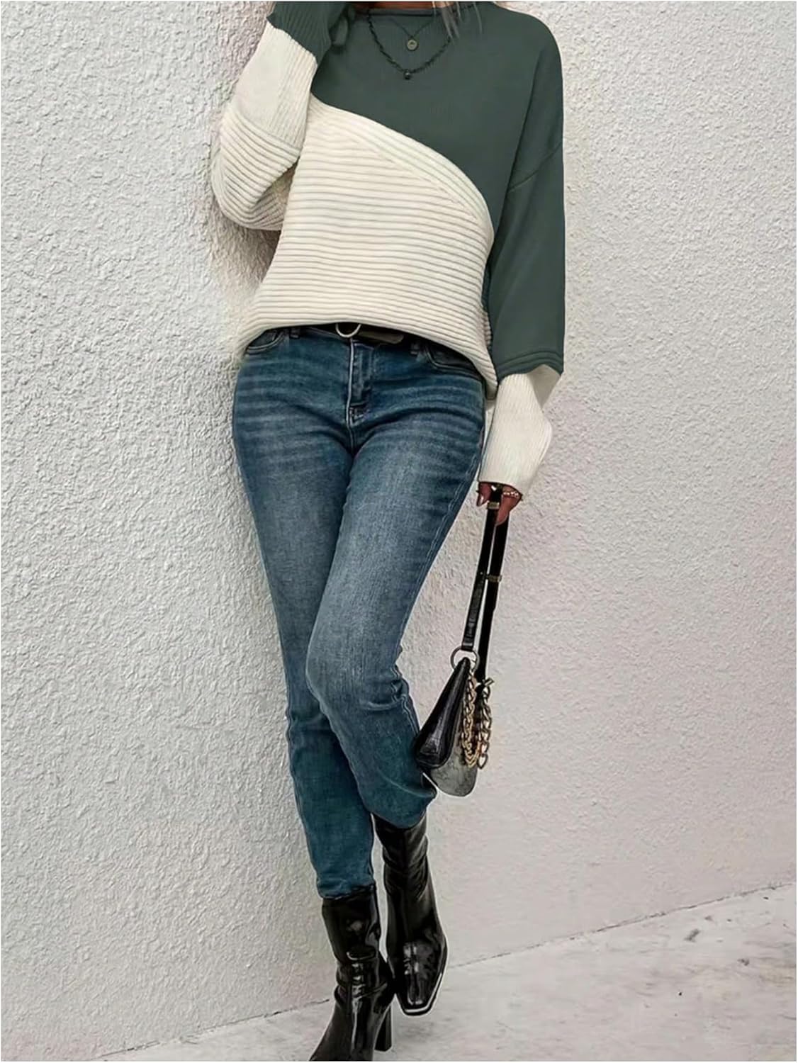 Women's Color Block Pullover Sweaters Crewneck Long Sleeve Jumper Tops Knitted Fall Outfits - Image 5