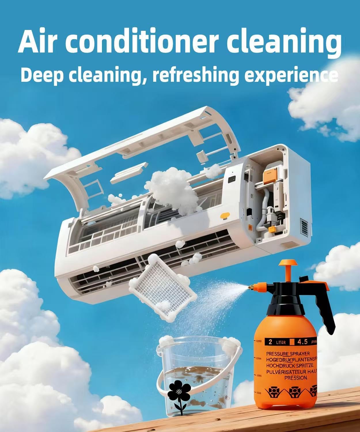 AC Cleaning Kit for Air Conditioner with Waterproof PVC Cover 2L High Pressure Sprayer 10pcs Cleaning Tools