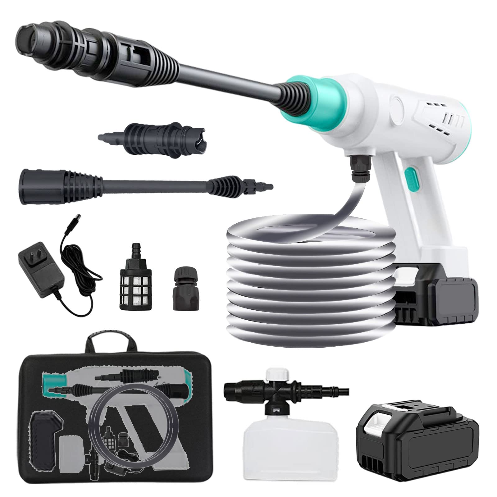 Cordless Power Washer 21V 4.0Ah Battery Powered, Portable High Pressure Washer Cleaner 0-180° Adjustable Spray Range 3 Levels Strong Flushing for Cleaning Car, Floor, Watering Flower