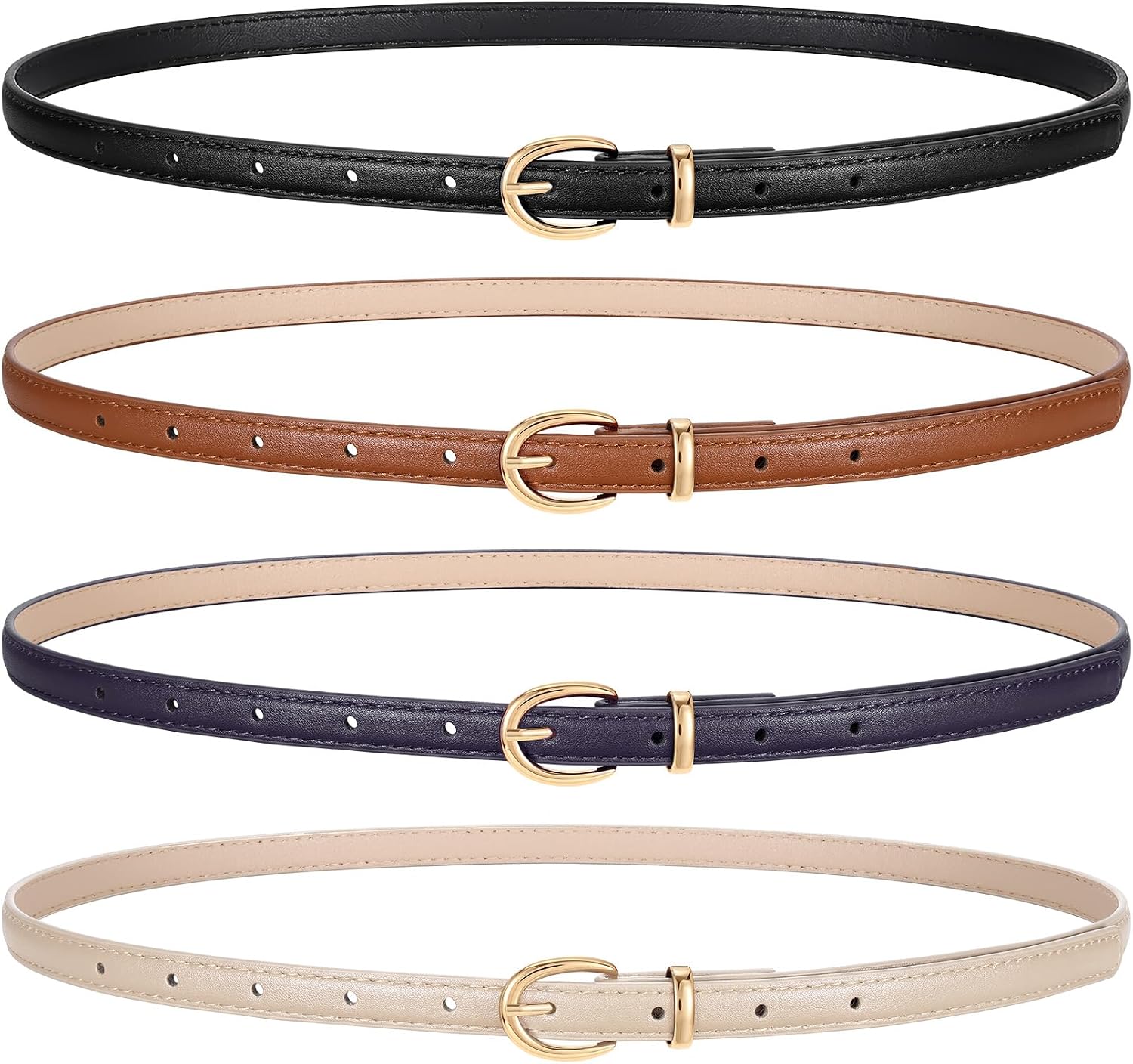4 Pack Women Skinny Belt for Jeans Pants 0.55" Width Faux Leather Thin Belt with Gold Buckle