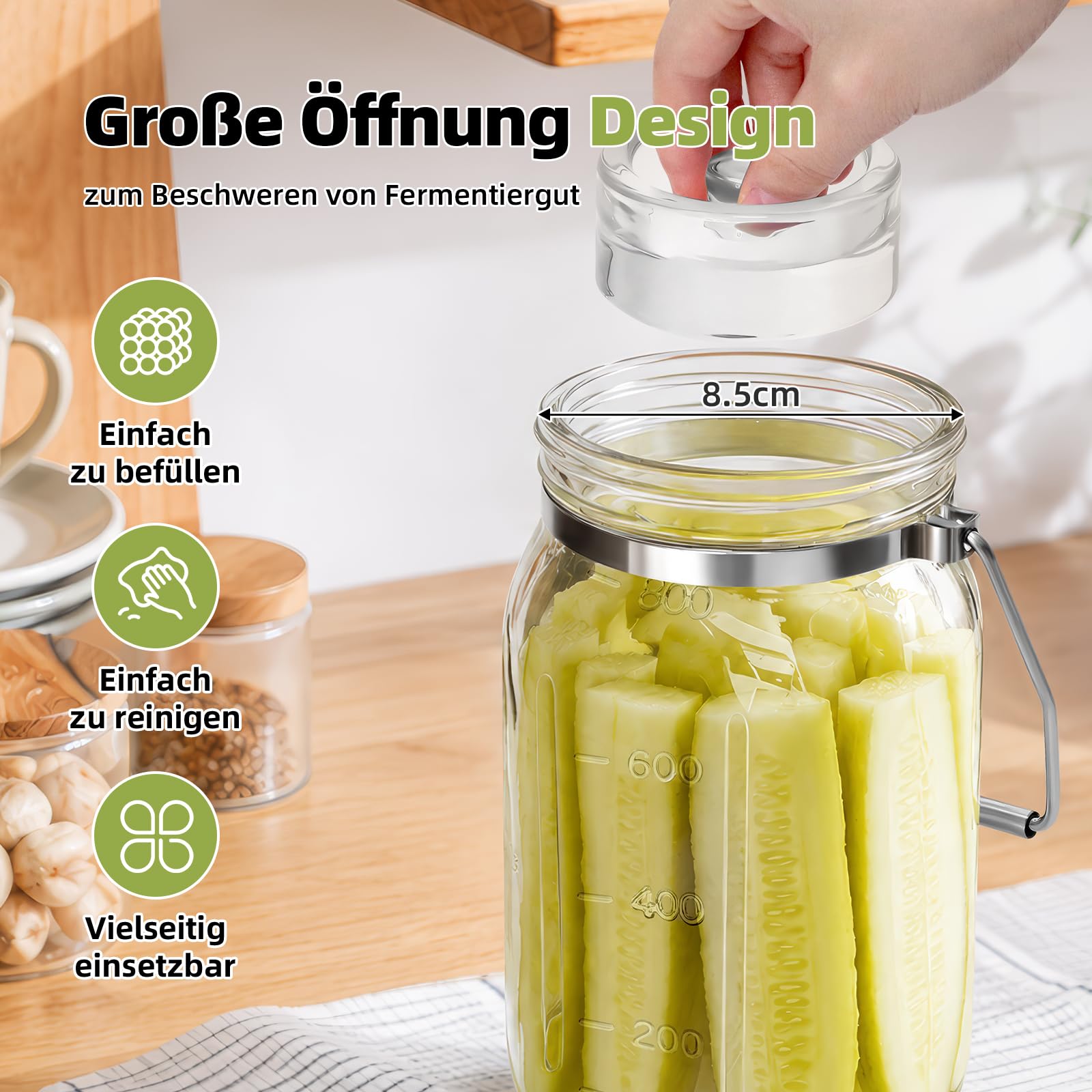 Mittimiya Lot de 2 bocaux de fermentation avec poignée de transport, pots de fermentation avec poids de fermentation, valve de fermentation et étiquettes, pour choucroute, kimchi, kombucha (800 ML)