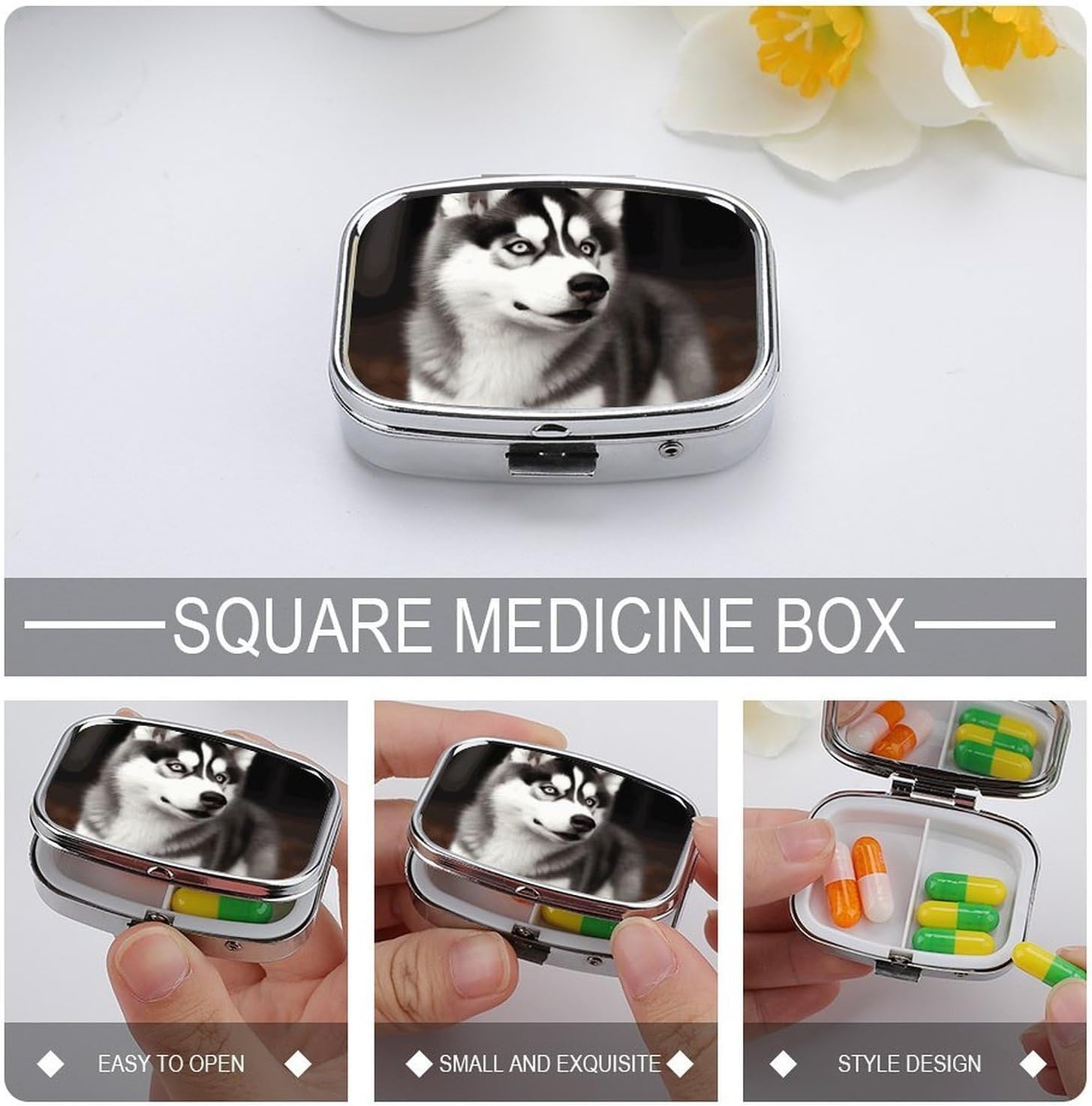Husky Dog Square Pill Box with 2 Compartment & Mirror image 4