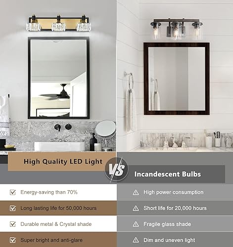 Miniatura 4 de Lámpara de baño de 3 luces sobre el espejo, luz LED regulable para tocador de baño con pantalla de cristal, lámpara de pared moderna negra y dorada,