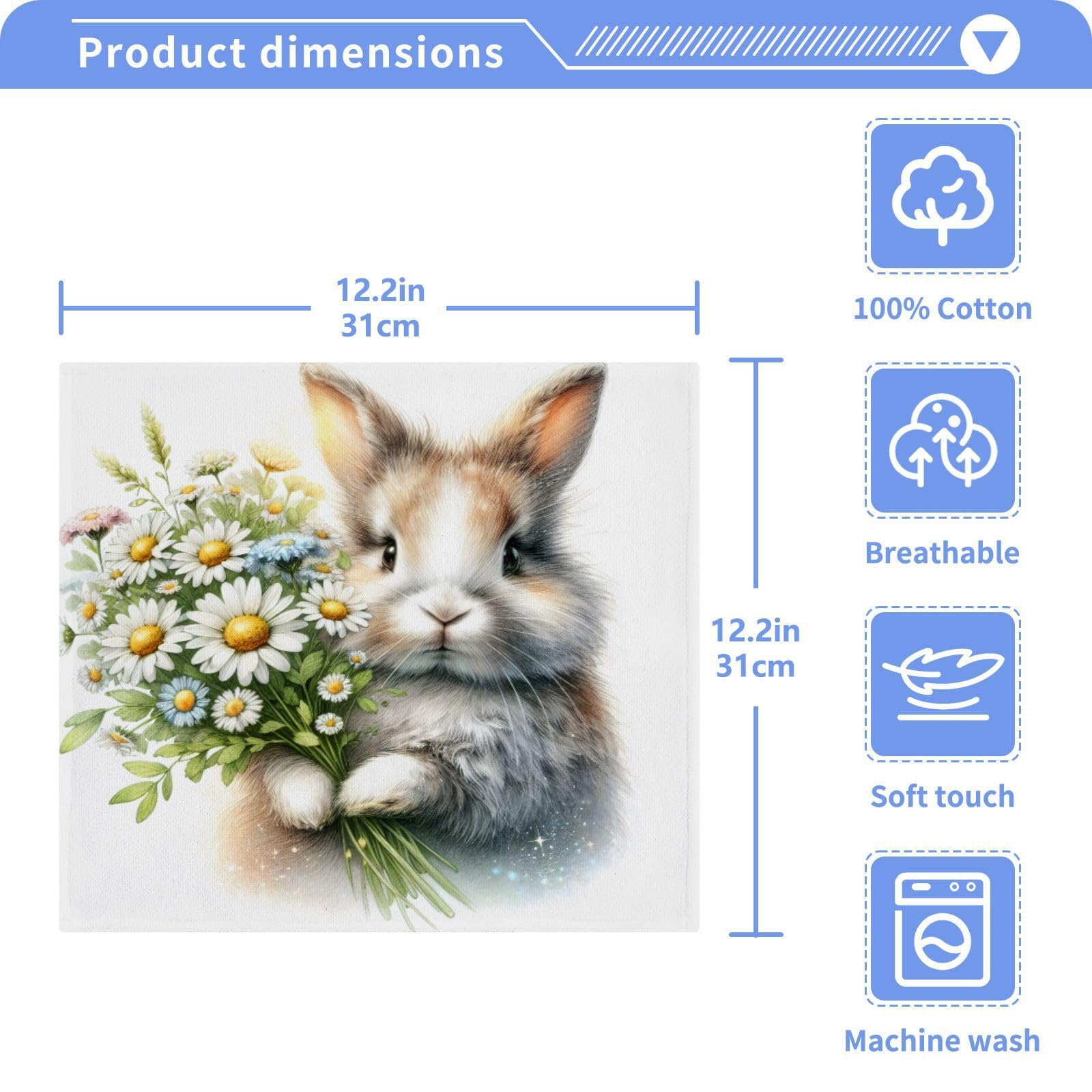 Msyxl 2-Pack Cute Rabbit with Daisies Washcloths for Bathroom, 12x12in Cotton Wash Cloths Soft Absorbent Face Cloths Towel for Your Face Body