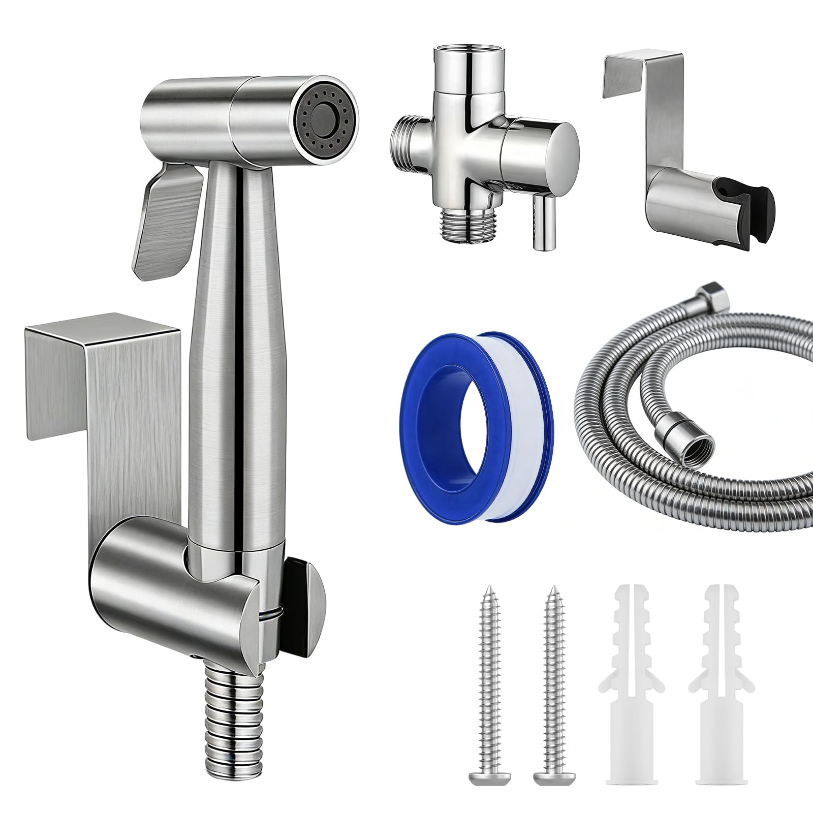 Grifo bidet de mano en acero inoxidable 304 con distribuidor y flexo de pared