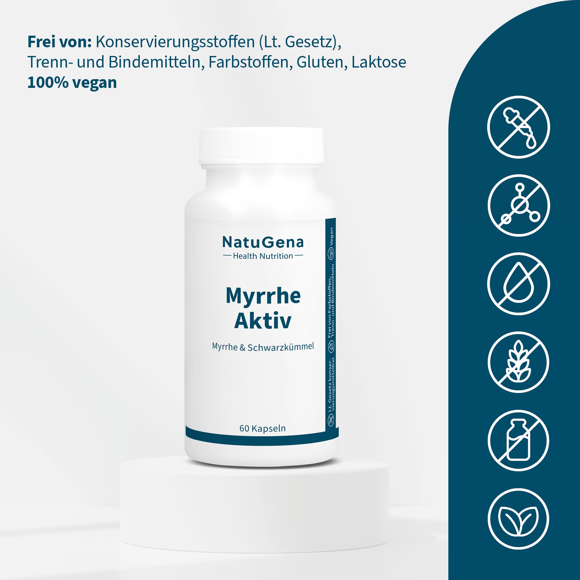 NatuGena MyrrheAktiv, 350 mg Myrrhe-Extrakt & 300 mg Schwarzkümmel-Extrakt, Weihrauch- und Kamillenblüten-Extrakt, 60 Kapseln (1 Monats Packung)