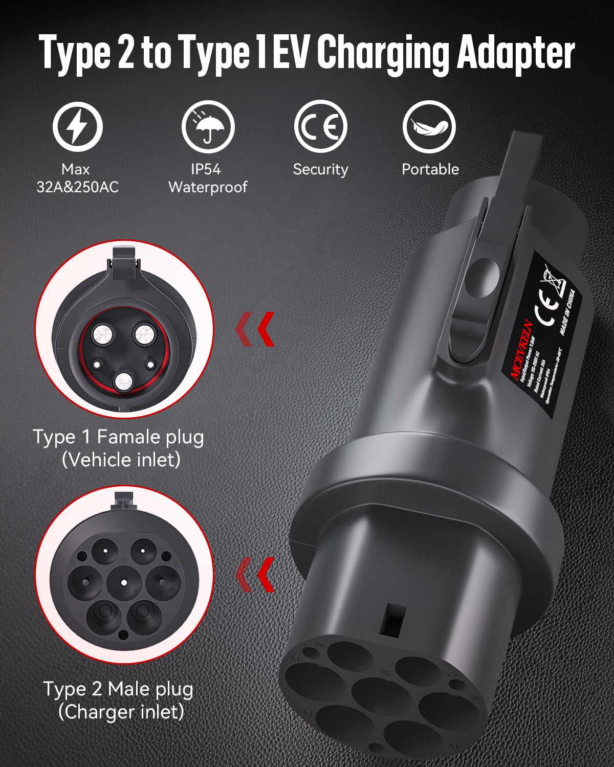 MCEVKELN EV-laadadapter – Type 2 Stekker Naar Type 1 (J1772) – 32A, Compact En Draagbaar Voor Elektrische Auto's En Plug-in Hybrides