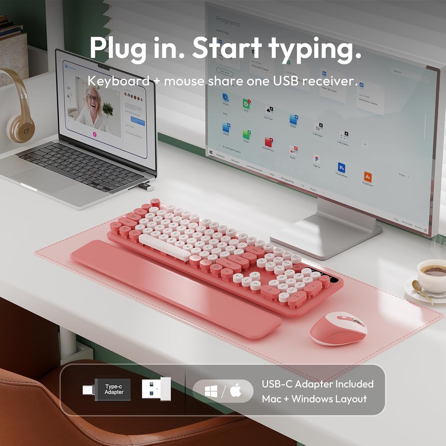 Wireless Keyboard and Mouse Combo, Typewriter Keyboard with Magnetic Wrist Rest, Full-Size Retro Round Keycaps, Smart-Sleep, 2.4GHz Stable Connection for Mac/Windows/PC, Trueque(Blush Pink) - Image 4