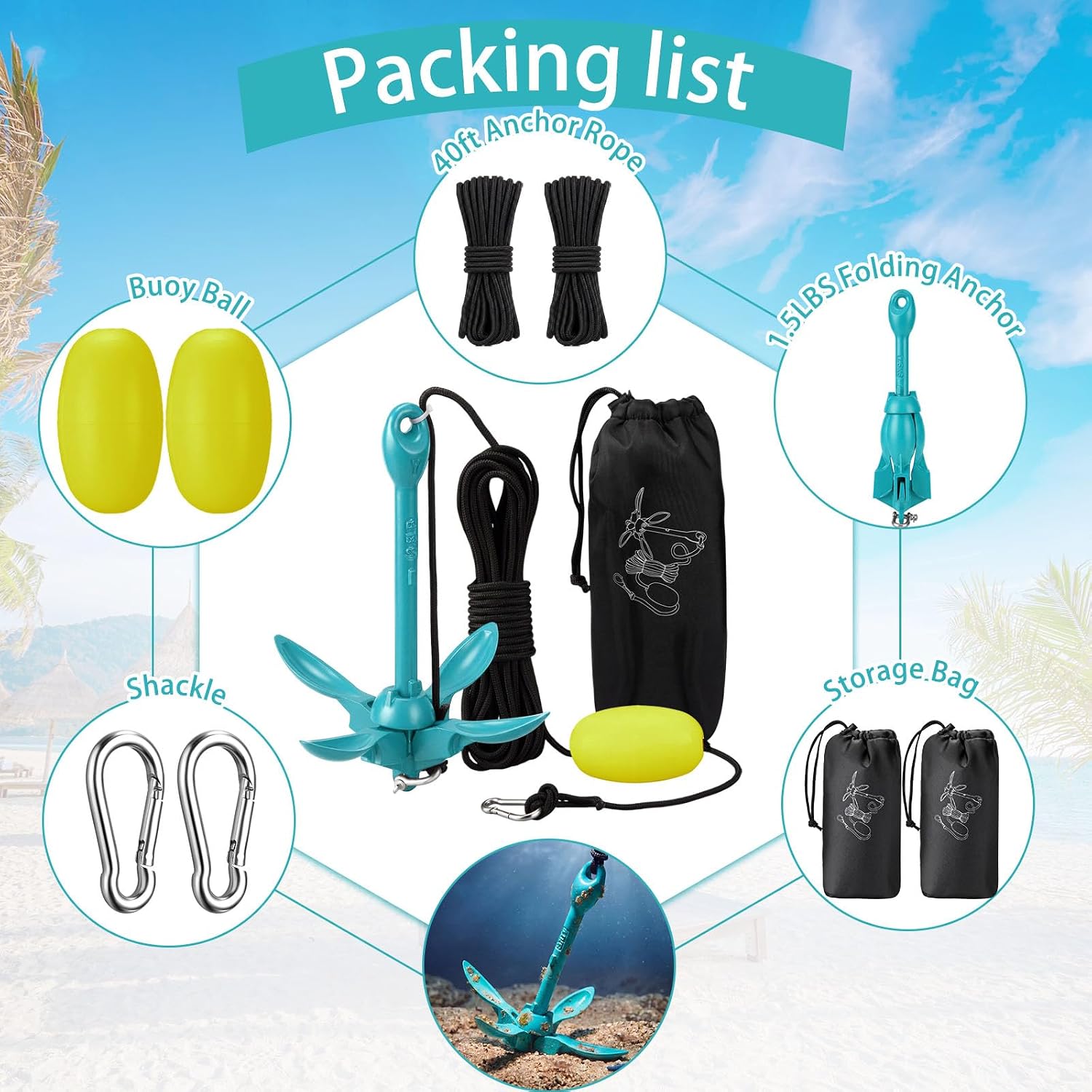 Lounsweer 2 Pack Marine Kayak Anchor Kit Grapnel Anchor Kit Folding Grapnel Anchor Boat Anchor with Foldable Claw Kayak Fishing Accessories for Small Boats Kayak Canoes Motorboat Paddle
