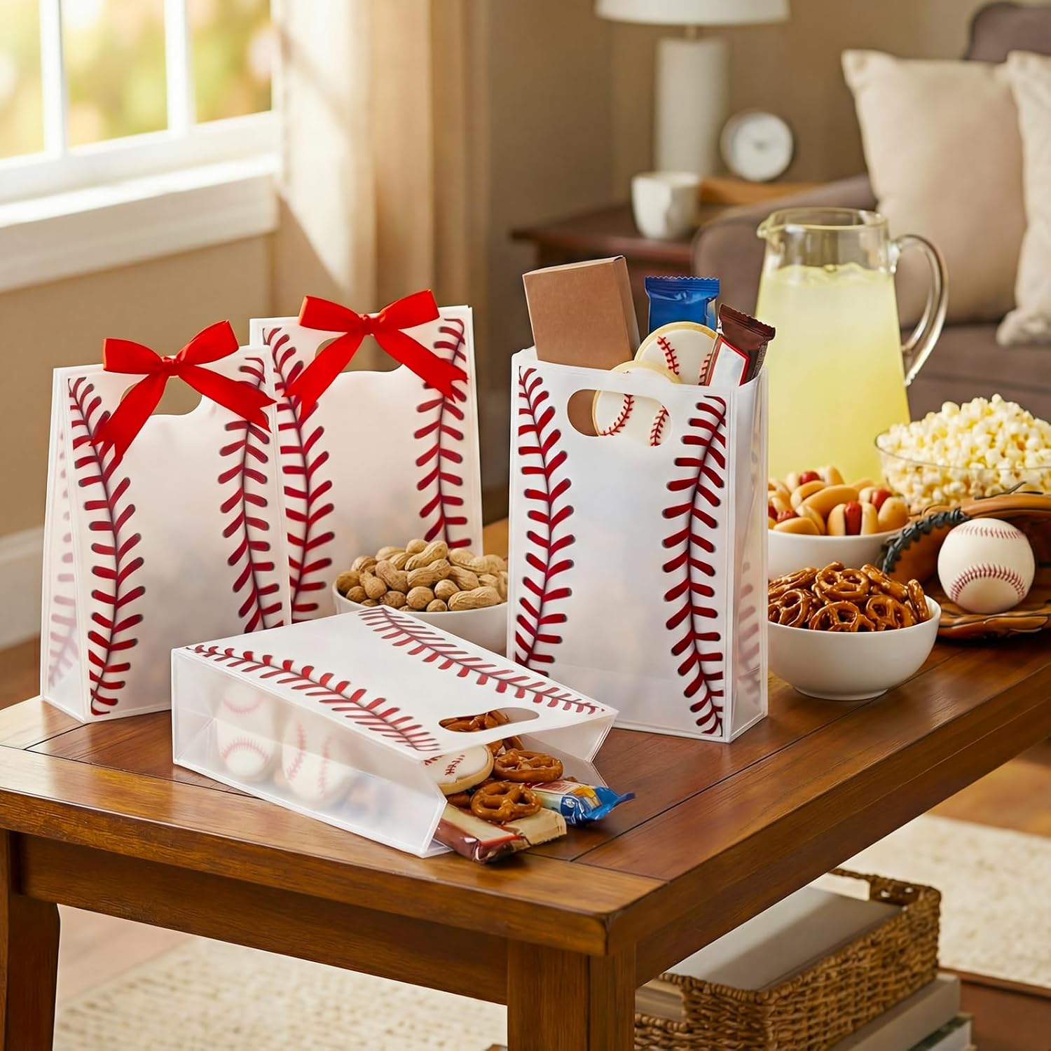 Hsei 24 Pcs Baseball Clear Goodie Bag 7.1 x 10.2 x 3.1 Inch PVC Ribbon Reusable Clear Gifts Bag with Handle Sport Theme Party Favor Gift Bags Bulk for Team Gifts Birthday Party Exercise Supplies