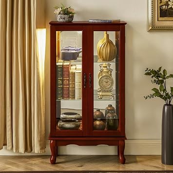 JIJIWANG Curio Cabinet Lighted Curio Diapaly Cabinet with Adjustable Shelves and Mirrored Back Panel, Tempered Glass Doors Cherry, 3 Tier, E26 Light Bulb not Included