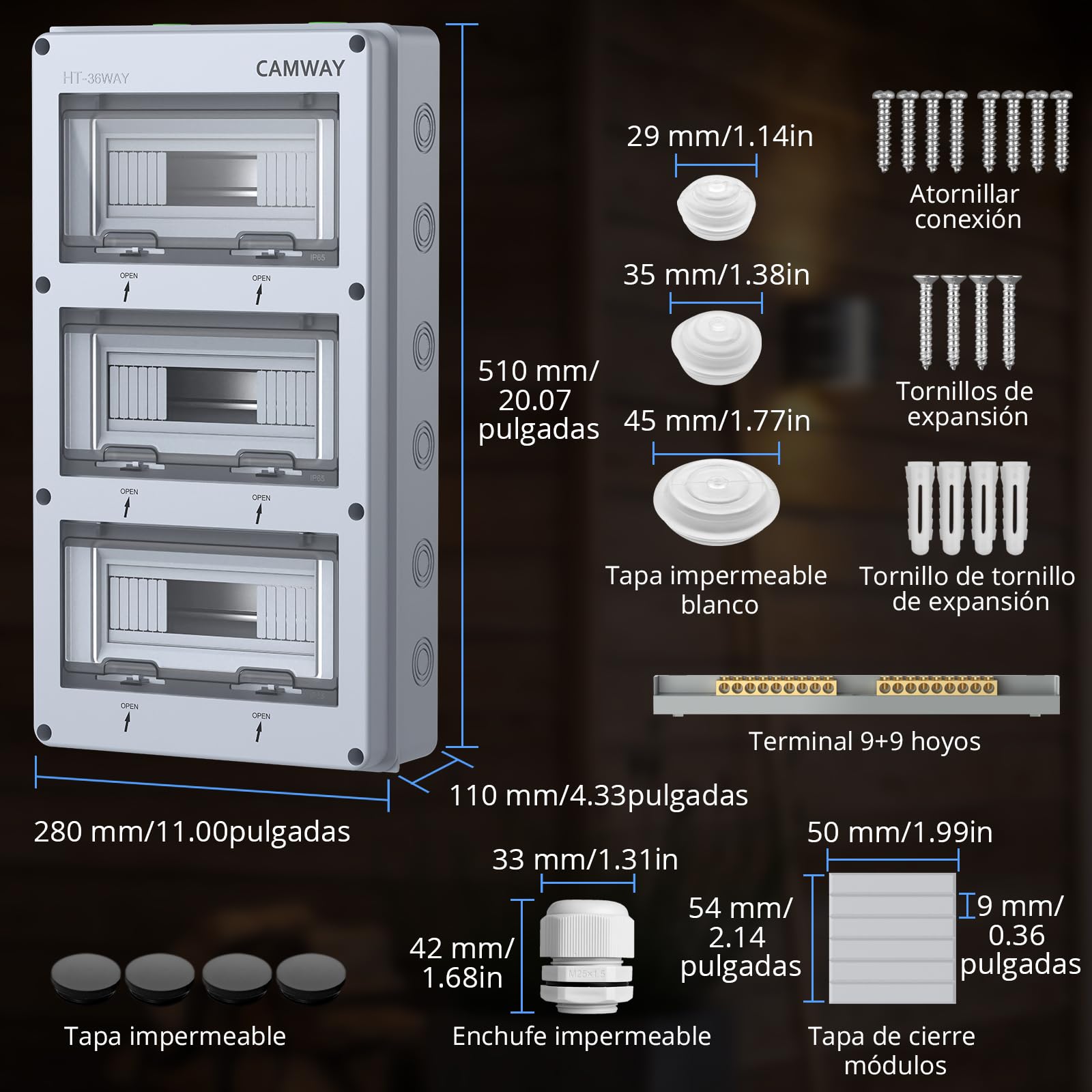 CAMWAY Caja de Distribución de Superficie IP65 de 36 Módulos, Caja Estanca Exterior Electrónica con junta de estanqueidad perimetral y bornas de latón, para Jardín o Areas Exteriores, Certificación CE