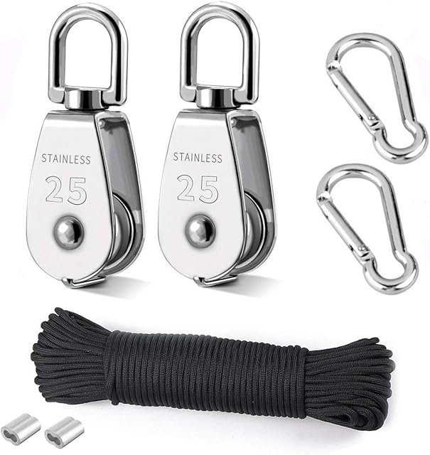 TooTaci M25 Crane Pulley Block Set,Stainless Steel Pulley System for Liftiing,25mm Single Pulley Wheels with 20M/4mm Nylon Pulley Rope,2pcs Carabiner Hooks,Use for Hoisting Items Indoor Outdoor