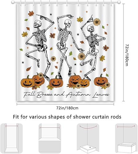 Miniatura 4 de Cortina de ducha de Halloween para baño, cortina de ducha espeluznante de esqueletos bailarines espeluznantes de calabaza, calavera aterradora,