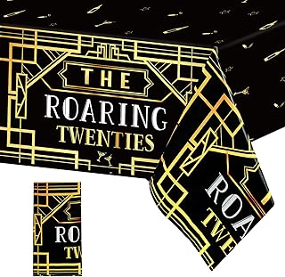 Roaring 1920s Party Plastic Tablecloths - Black & Gold Speakeasy Vintage Flapper Wedding Party Supplies (1 Pack Disposable Table Cover)