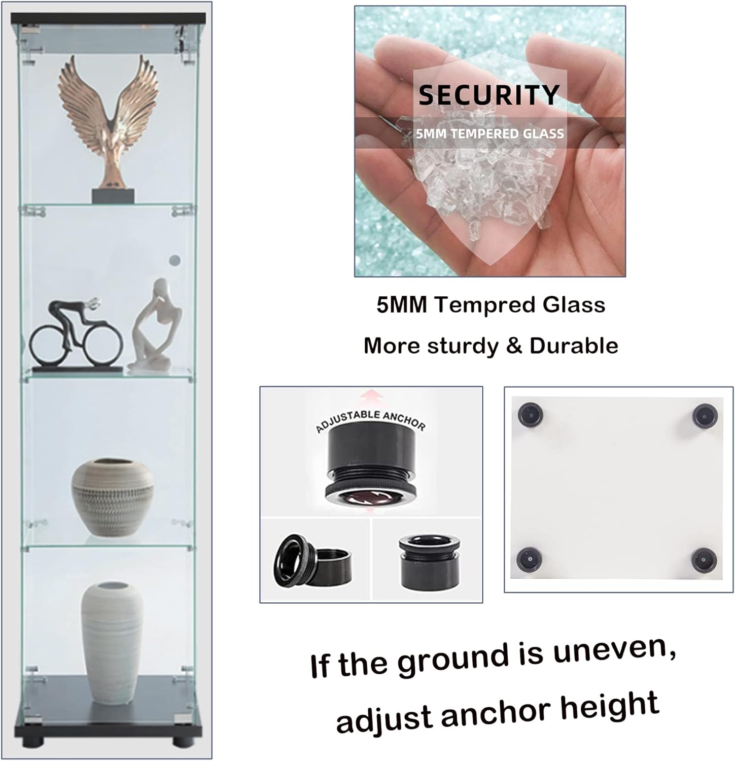 4-Shelf Glass Display Cabinet with Door&Locks,Floor Standing Glass Curio Cabinets Bookshelf,Toys Display Case Trophy Display Case,for Living Room,Kitchen,Bedroom,Exhibition Hall (Black)