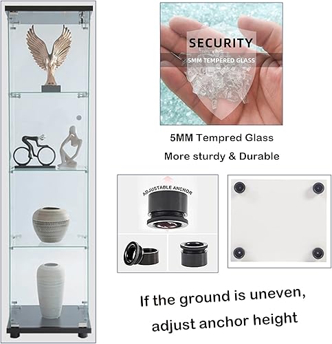 Miniatura 128 de Vitrina de cristal con 4 estantes con tira de luces LED y cerradura, vitrina de vitrina con ruedas y 1 puerta, vitrina de vidrio templado para sala