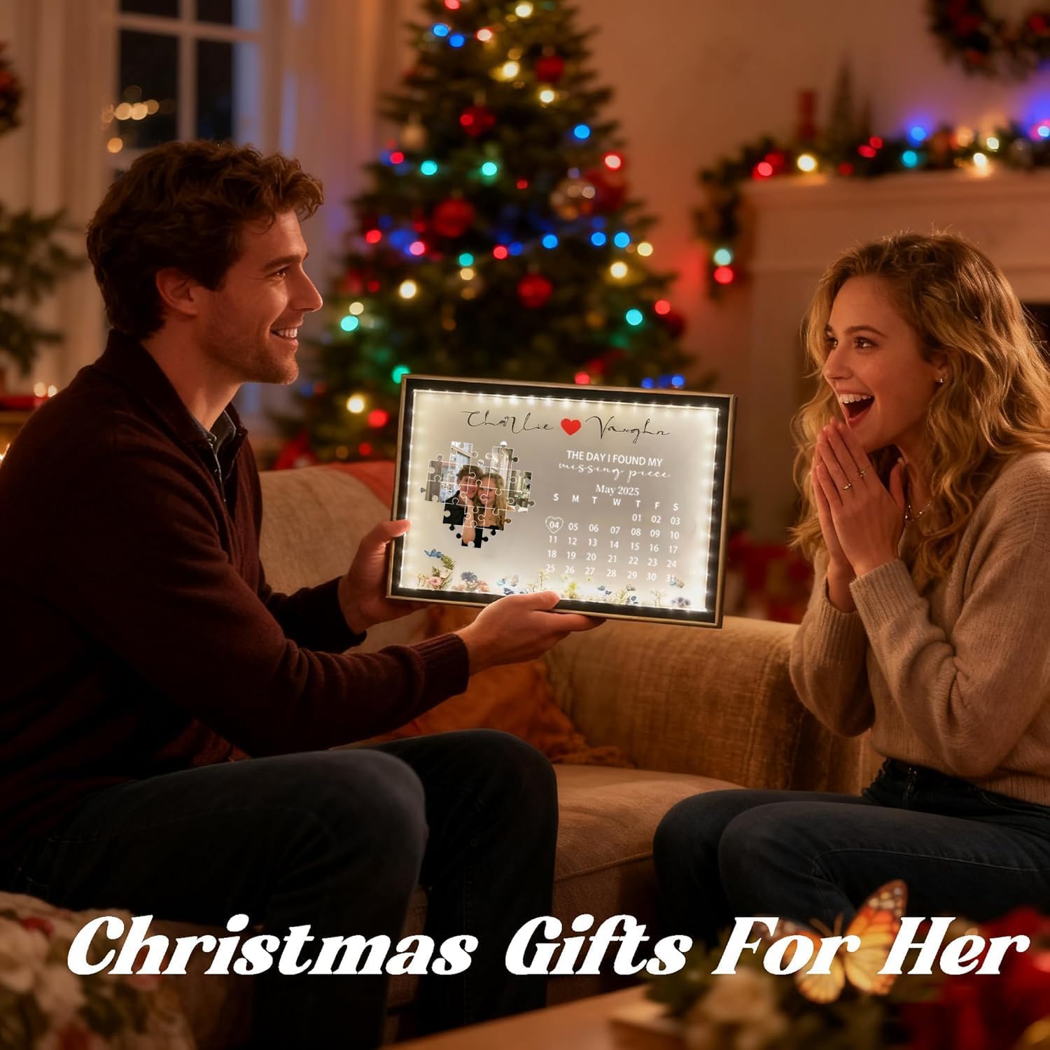 The Day I Found My Missing Piece Mirror Lamp LED Light Up Mirror Couple Anniversary Picture Frame for Girlfriend Wife Christmas Wedding Valentine's Day Birthday