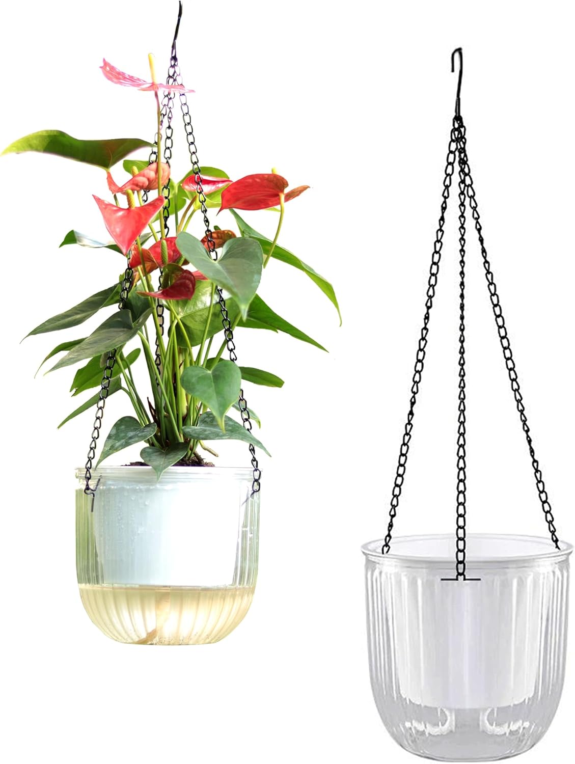 Meicynhoger 2-Pack Vintage Self-Watering Hanging Planter - 6.5" Clear Flower/Plant Pot with Hooks for Indoor Outdoor,Table, Balcony, Wall,Deck,Garden (3 Colors, 6.5")