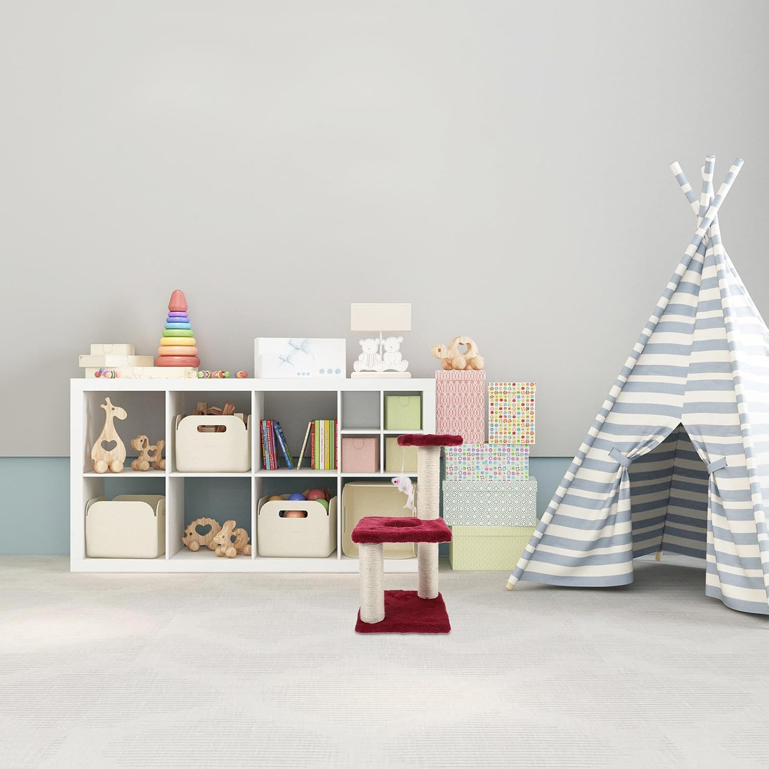 VANZACK Multi-Layer Sisal Cat Scratching Post with Mouse Integrated 3-Tier Cat Tree Tower for Indoor Burgundy Sturdy Floor Scratcher for Large and Kittens