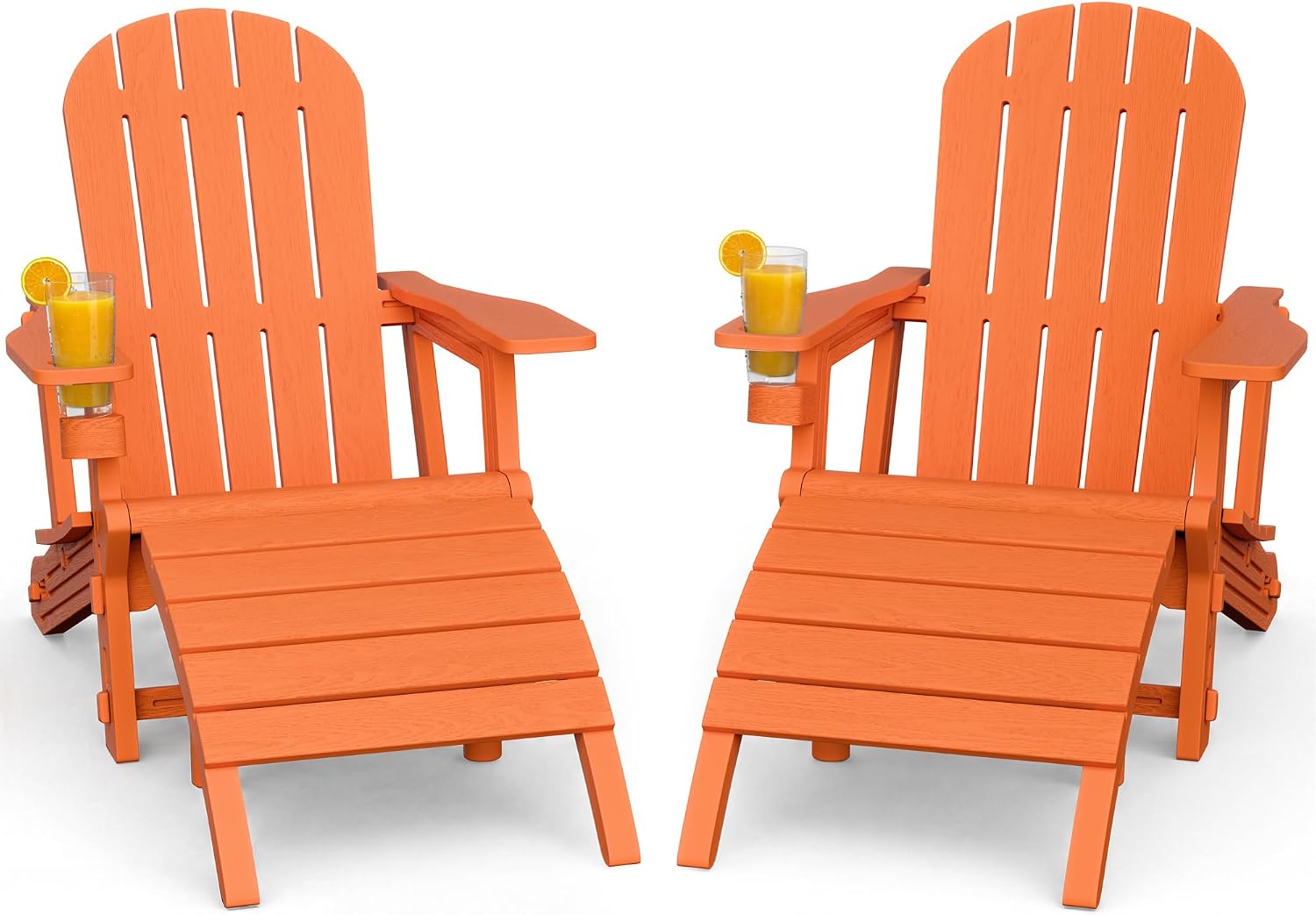 Shintenchi Adirondack Chair Set of 2,HDPE Adirondack Chairs with Umbrella Hole Connecting Tray & 2 Curved Ottoman,Plastic Outdoor Chairs with Cup Holders for Garden Backyard Pool,Orange