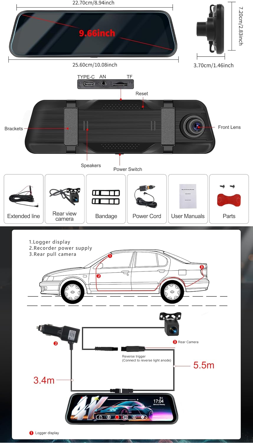 CAMECHO 4K Mirror Dash Cam Front and Rear, WiFi Rear View Mirror Camera, 9.66" Full Touch Screen, Dash Camera for Cars, Night Vision, G-Sensor, Loop Recording, Reverse Assist