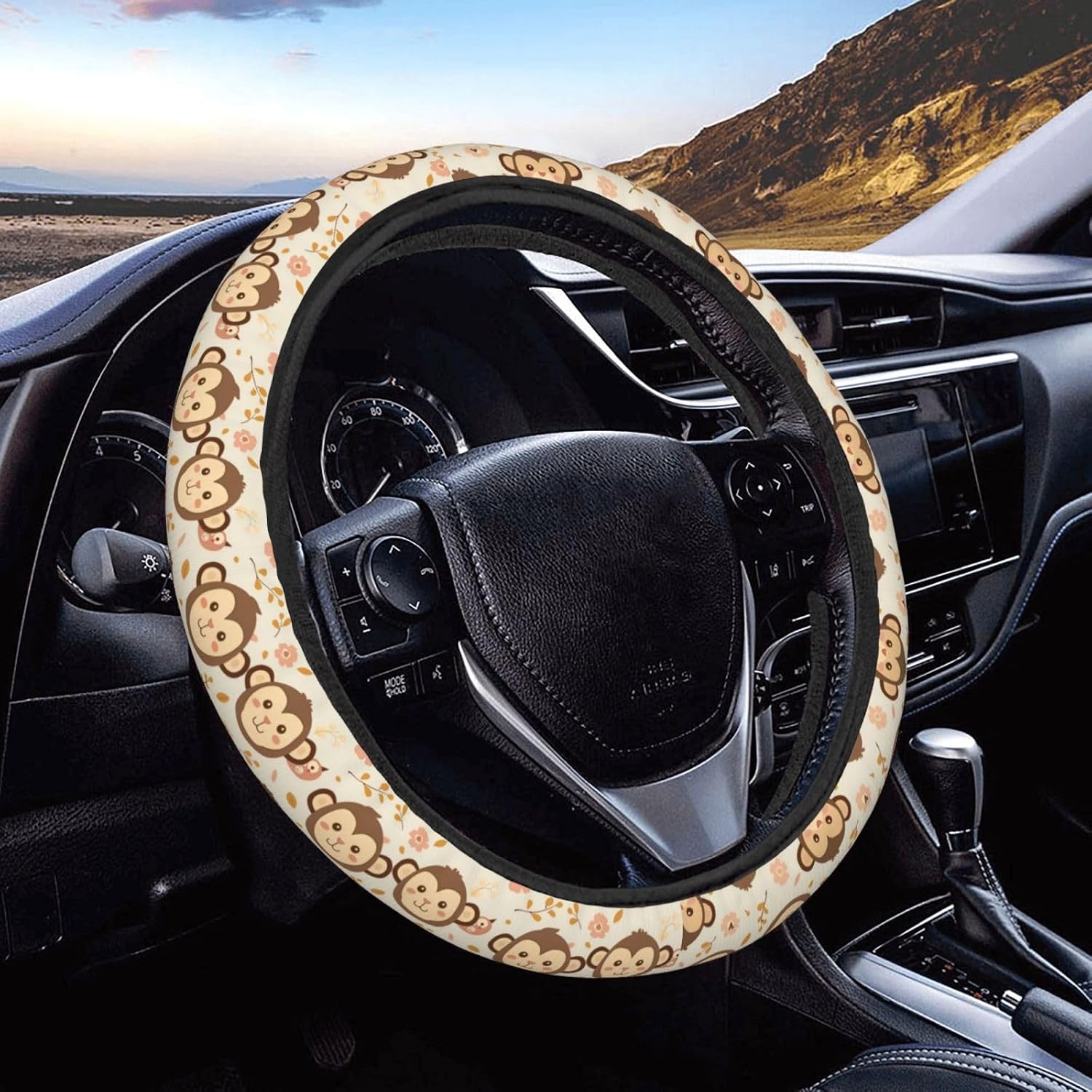 Kawaii Cartoon Cute Monkey Steering Wheel Covers Anti-Slip Elasticity Car Accessories Steering Wheel Protector Universal 15 Inch for Cars SUV Vehicle Truck