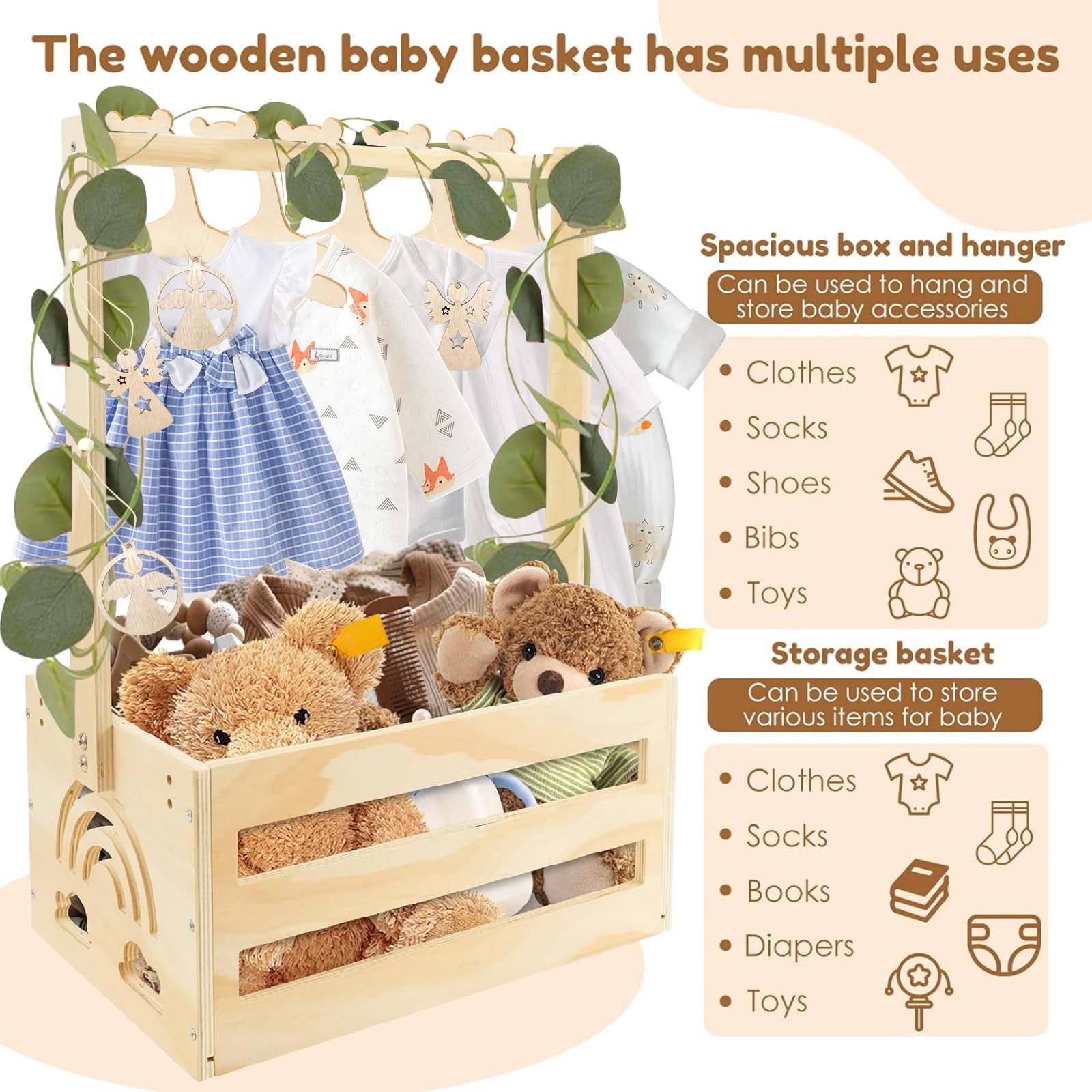 Cassettiera Baby Shower In Legno Con 5 Grucce - Cestino Portaoggetti Con Manico, Dimensioni 51,5x33x23 Cm, Facile Da Montare, Regalo Per Genitori, Decorazione Cameretta - 3