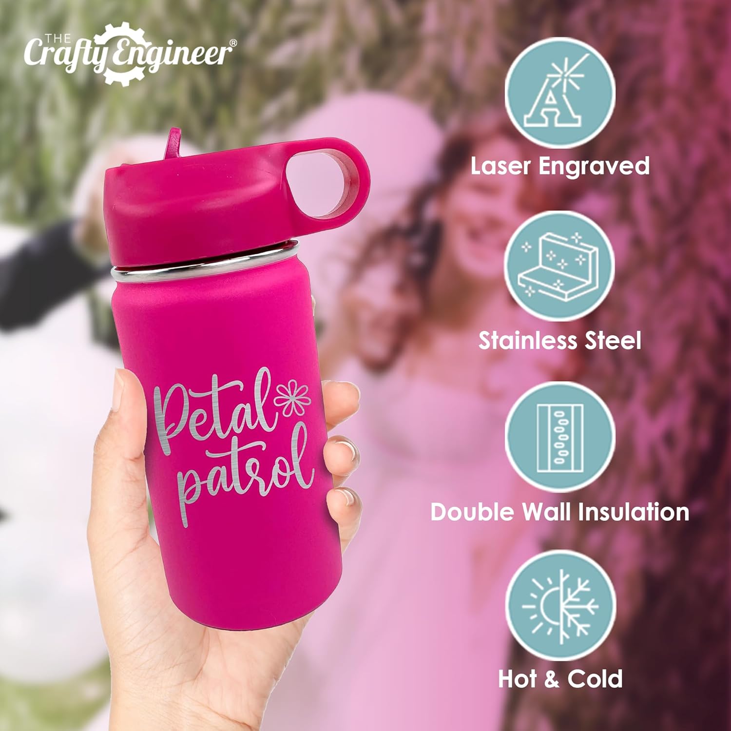 The Crafty Engineer Flower Girl or Ring Bearer Water Bottle - 12 oz Insulated Water Bottle for Kids - The Perfect Ring Bearer or Ring Security Proposal Gift - Hot Pink (Flower Girl)
