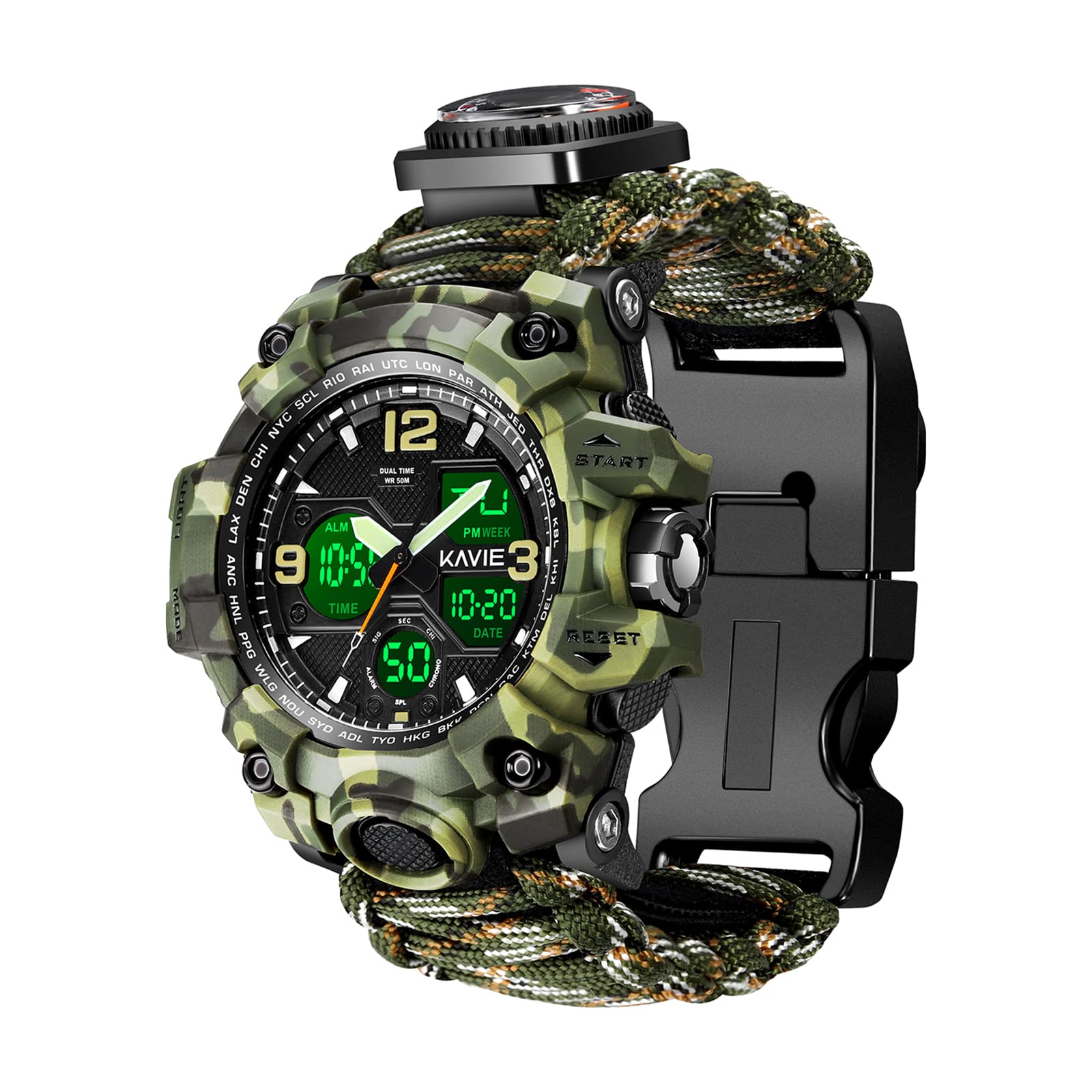 23-in-1 Survival Military Digital Watch, Mens Tactical Multi-Functional and Adjustable Wristband Outdoors Waterproof Sports Dual Dial Watches with Compass Paracord Band