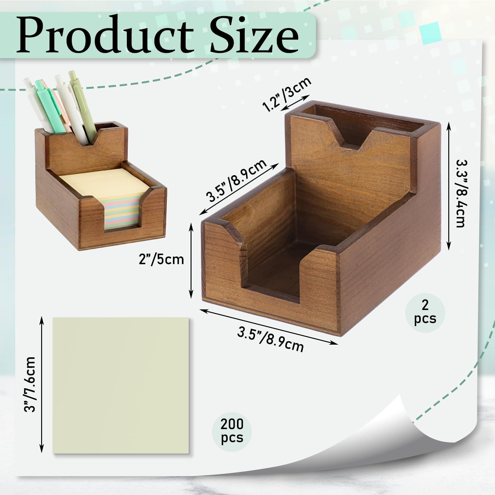 Crtiin Lot de 2 porte-notes adhésives en bois de couleur noyer 2 en 1 avec 200 feuilles de notes adhésives de 7,6 x 7,6 cm, organiseur de bureau élégant pour bureau, maison, école, dortoir