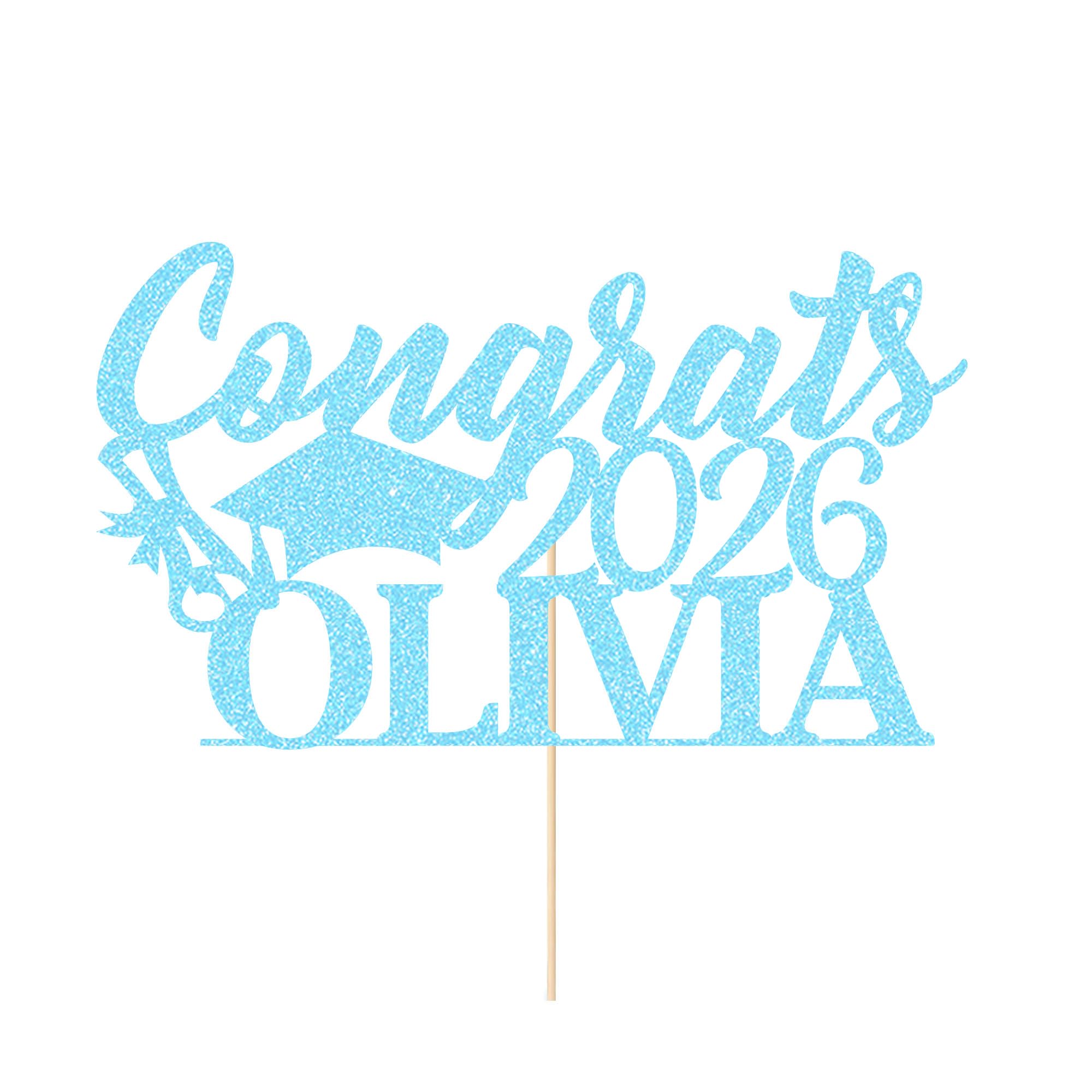 Personalised Cake Topper Custom Congrats Graduation Hat Student Class of 2026 Double Sided Glitter Card with Any Name (Baby Blue)