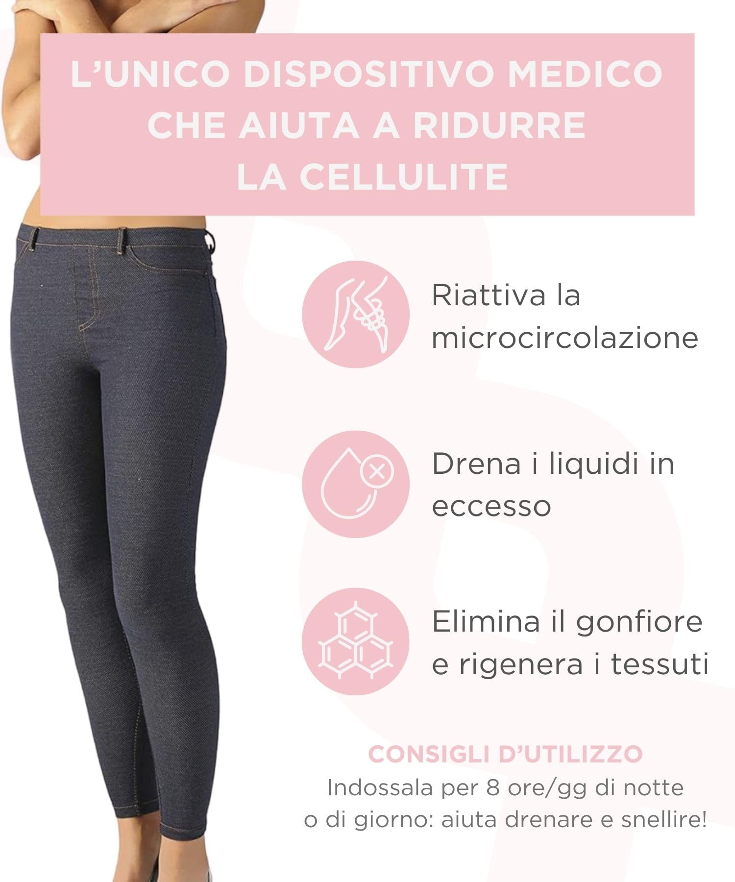Leggins Anticellulite Drenanti Donna Effetto Jeans Elettro Magnetoterapia | Cellulite Gambe e Glutei, Dispositivo Medico - Made in Italy