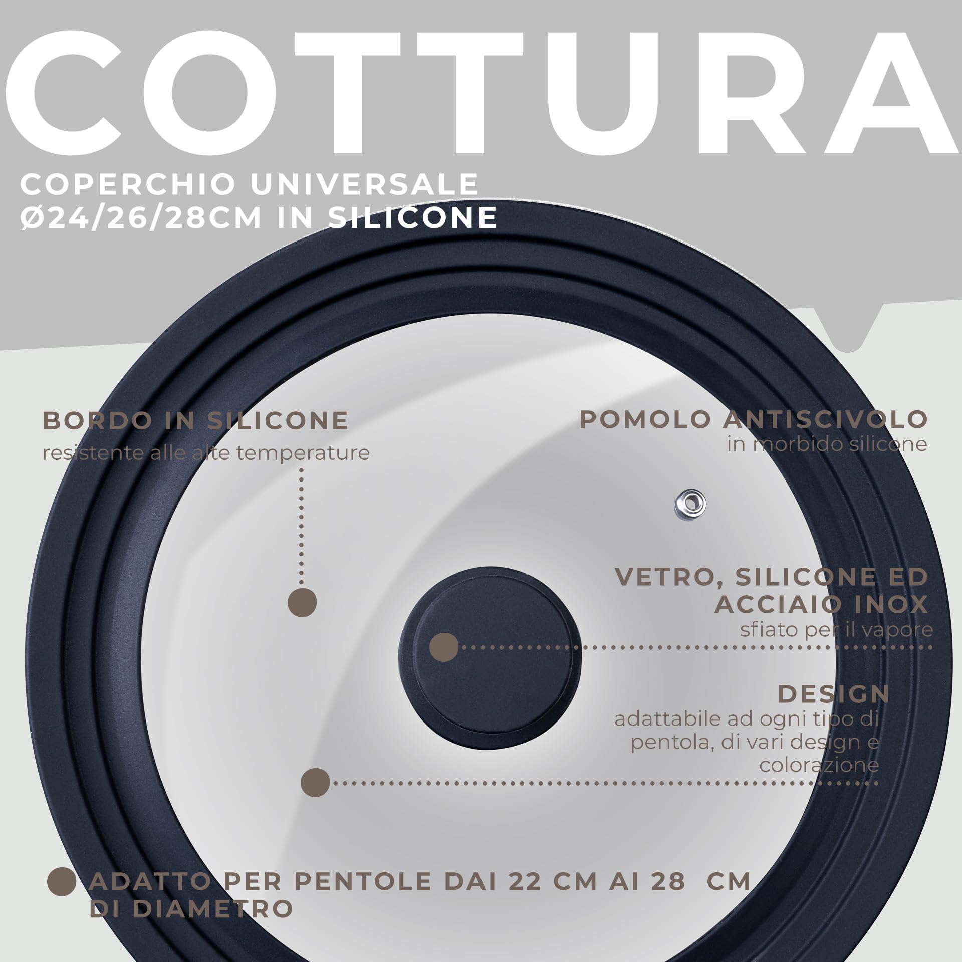 Fackelmann Coperchio Universale in Vetro Ø24–26–28 cm con Bordo in Silicone, Valvola Vapore e Pomello ergonomico Soft Touch – Coperchio per Pentole e Padelle