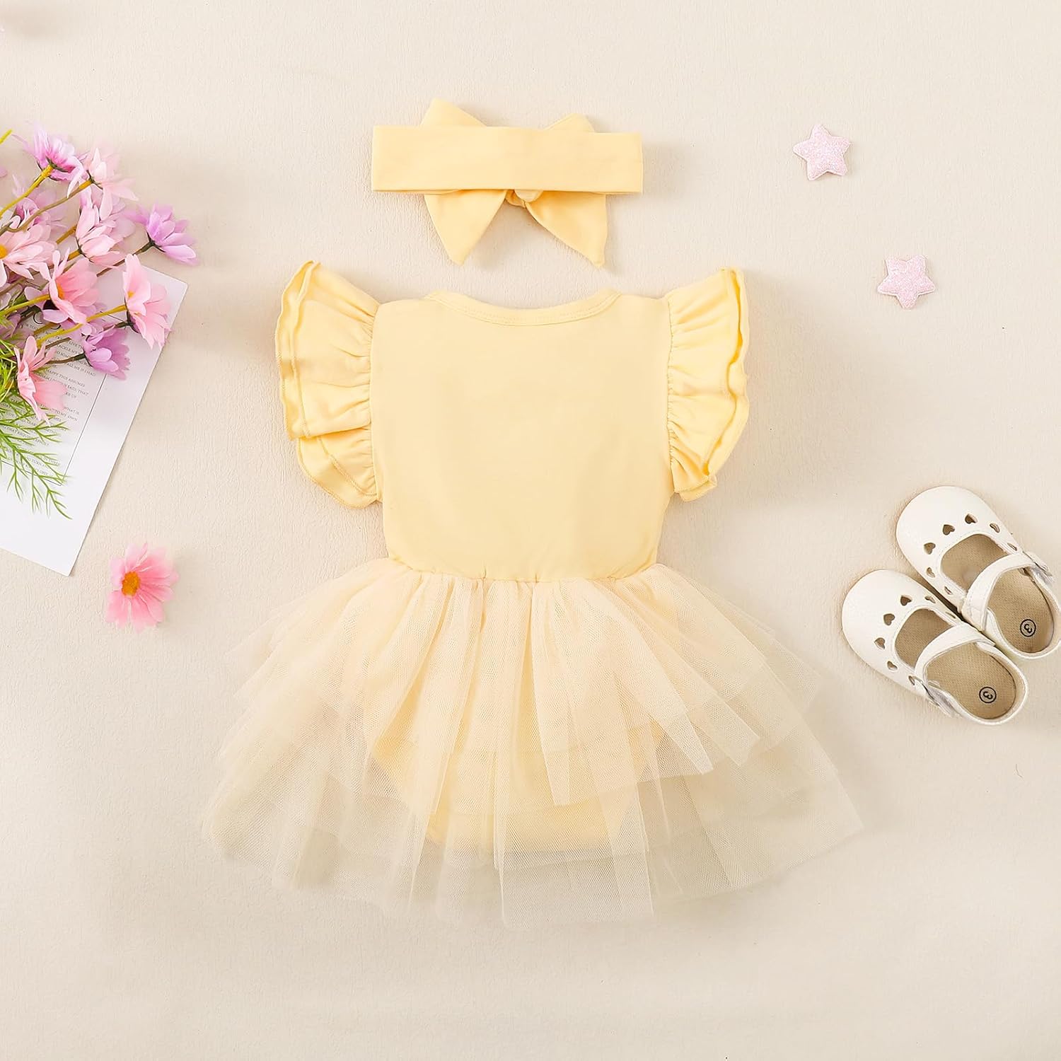 Baby Girl Ruffle Sleeve Romper Dress Infant Jumpsuit Tutu Skirt Set Newborn Princess Tulle Dresses Headband Outfit