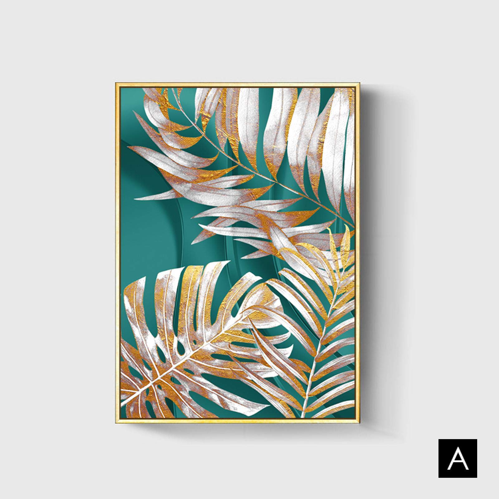 Cartel de hoja de planta de oro amarillo verde azul abstracto Impresión de lienzo nórdico Arte de pared Pintura Imagen moderna Decoración de sala de estar 50x60cm (20x24in) x3 Con marco