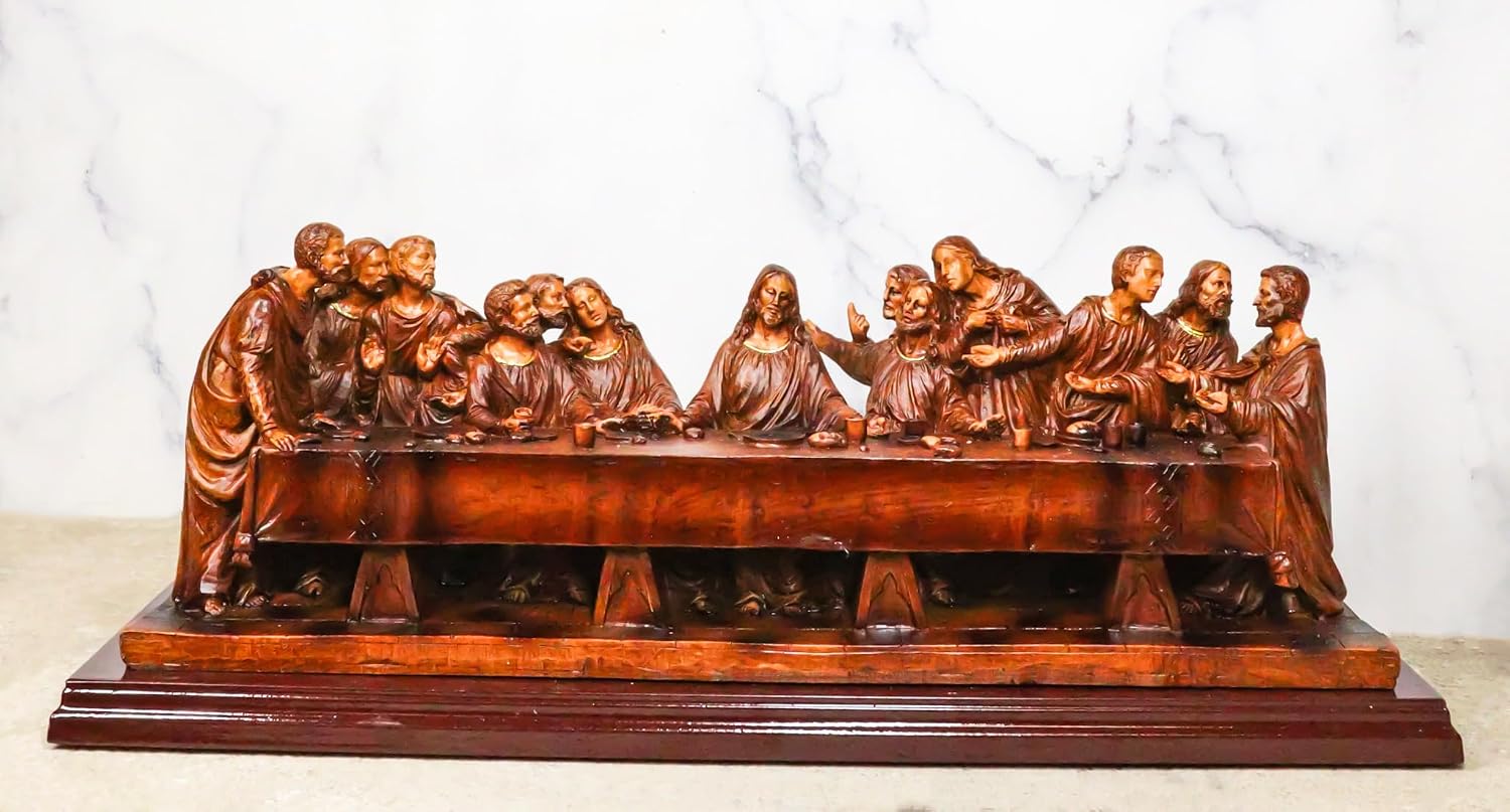 Ebros Gift Leonardo Da Vinci The Last Supper of Jesus and Disciples Faux Wooden Mahogany Look Decorative Figurine 14" Long Religious Catholic Christian Easter Apostles Gospel Inspirational Decor