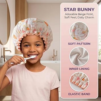 3 Pieces Shower Cap Stretch Elastic Band Double Layer Waterproof Shower Hat Goodnight Bear, Star Bunny, Birthday Doberman Hair Cap for Bathing, Skin Care and Makeup, Cooking, Housework