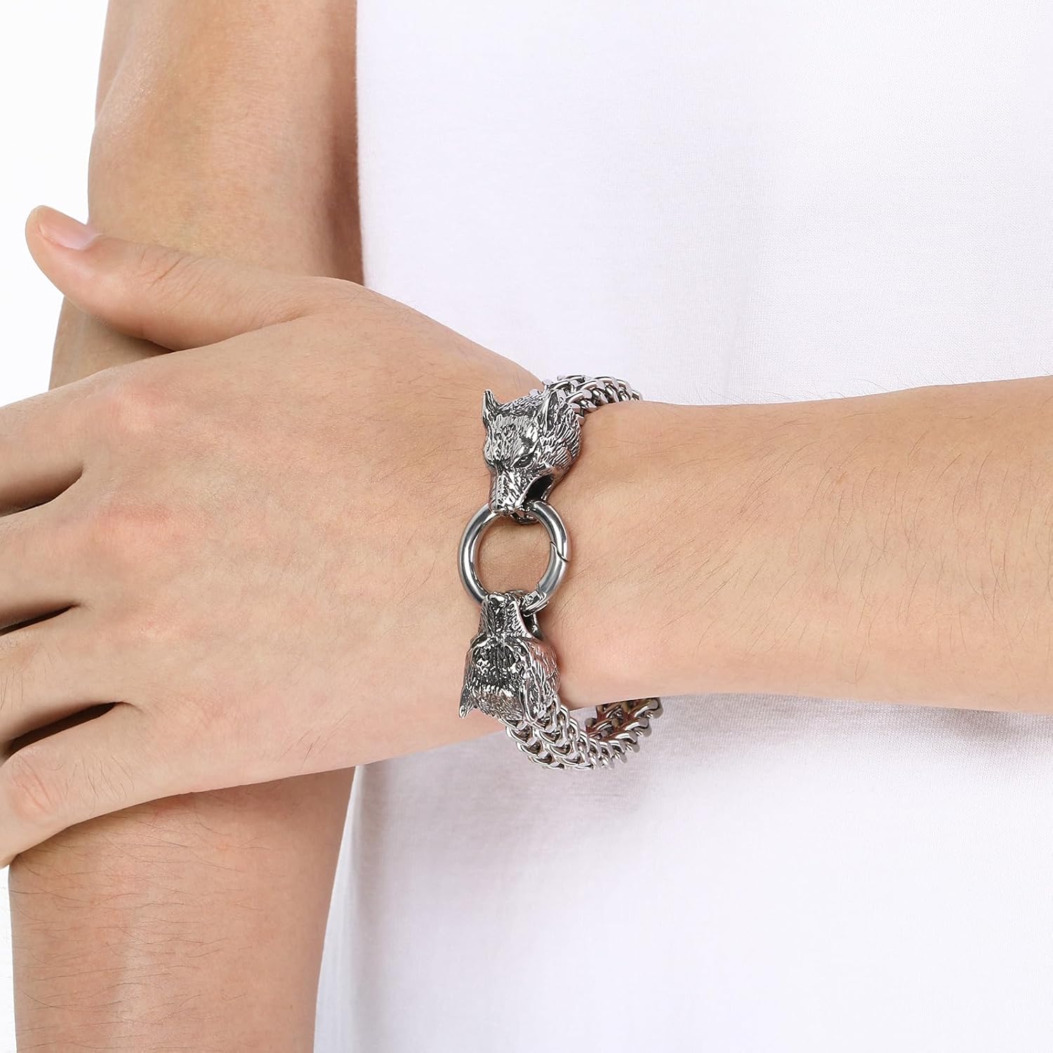 Silver Stainless Steel Wolf Head Link Chain Bracelet for Men Vintage Gothic Bracelets for Men Biker Jewelry Franco Link Gift for Him - Image 5