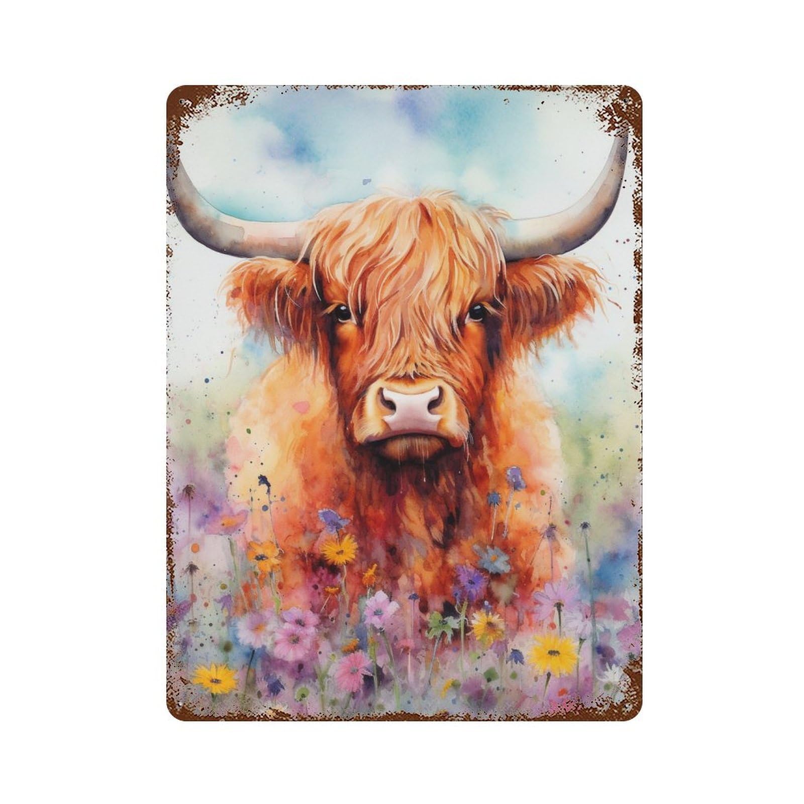 Highland Cow in Flowers-4 15.7"x11.8" Aged Metal Wall Plaque, Classic Wall Plaque for Pub, Kitchen And Man Cave Decor
